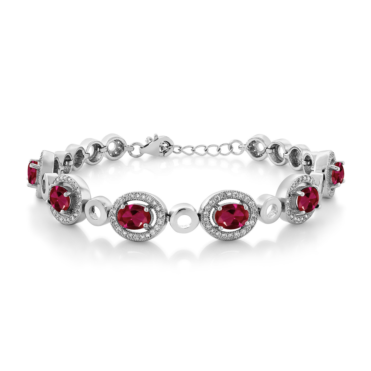 Gem Stone King 925 Sterling Silver Red Created Ruby Tennis Bracelet For Women (7.92 Cttw, Oval 7X5MM, 7 Inch with 1 Inch Extender)