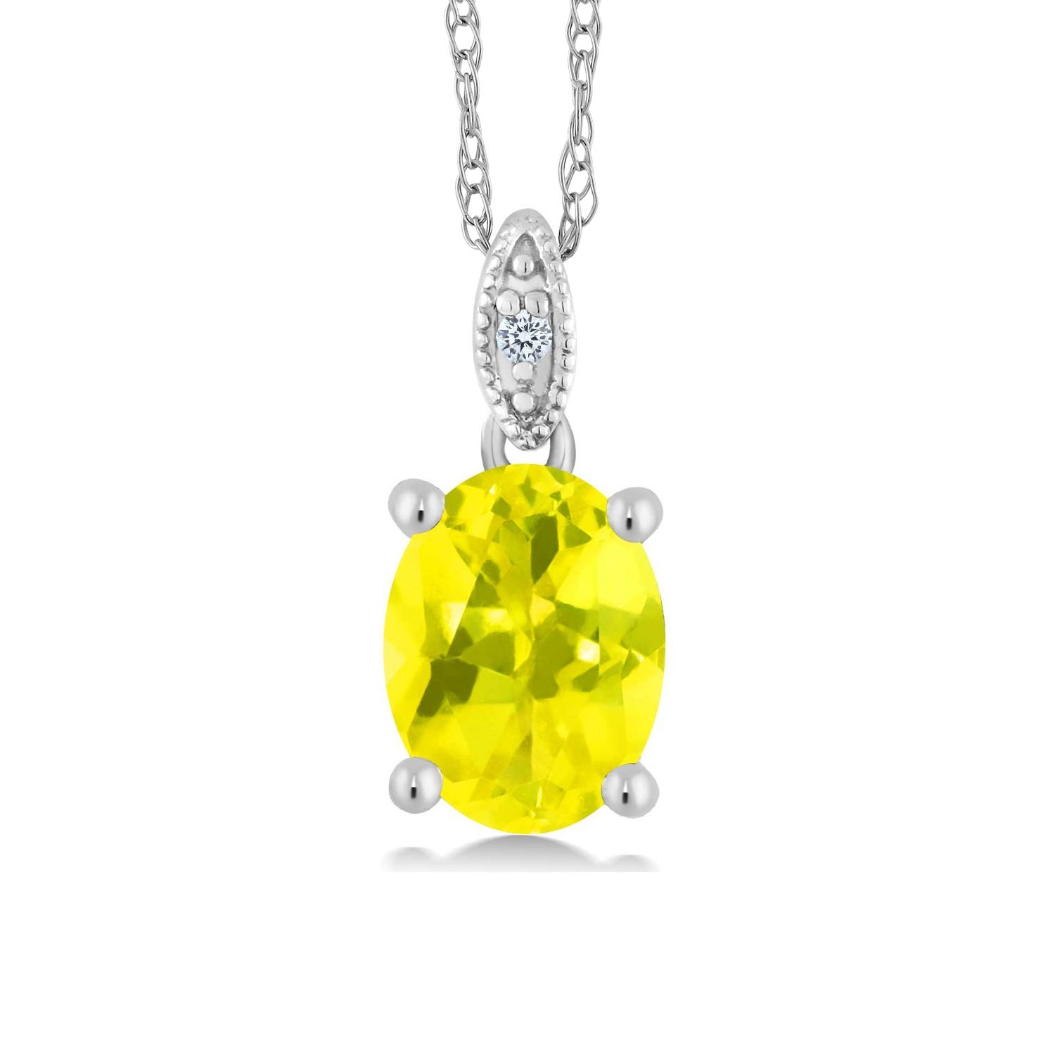 Gem Stone King Women's Oval Canary Mystic Topaz 10K White Gold Diamond Pendant With Chain