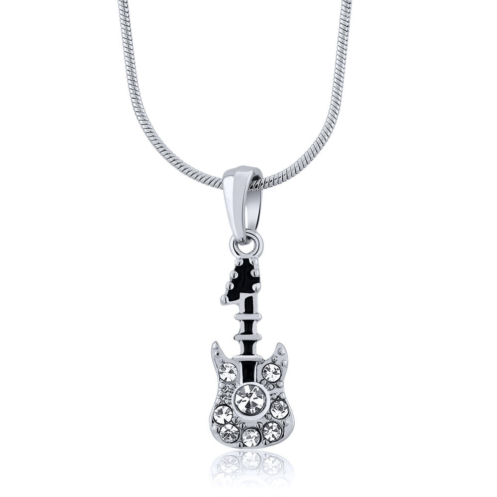 Gem Stone King Stunning Guitar Pendant with White Crystals and 16 Inch Snake Chain
