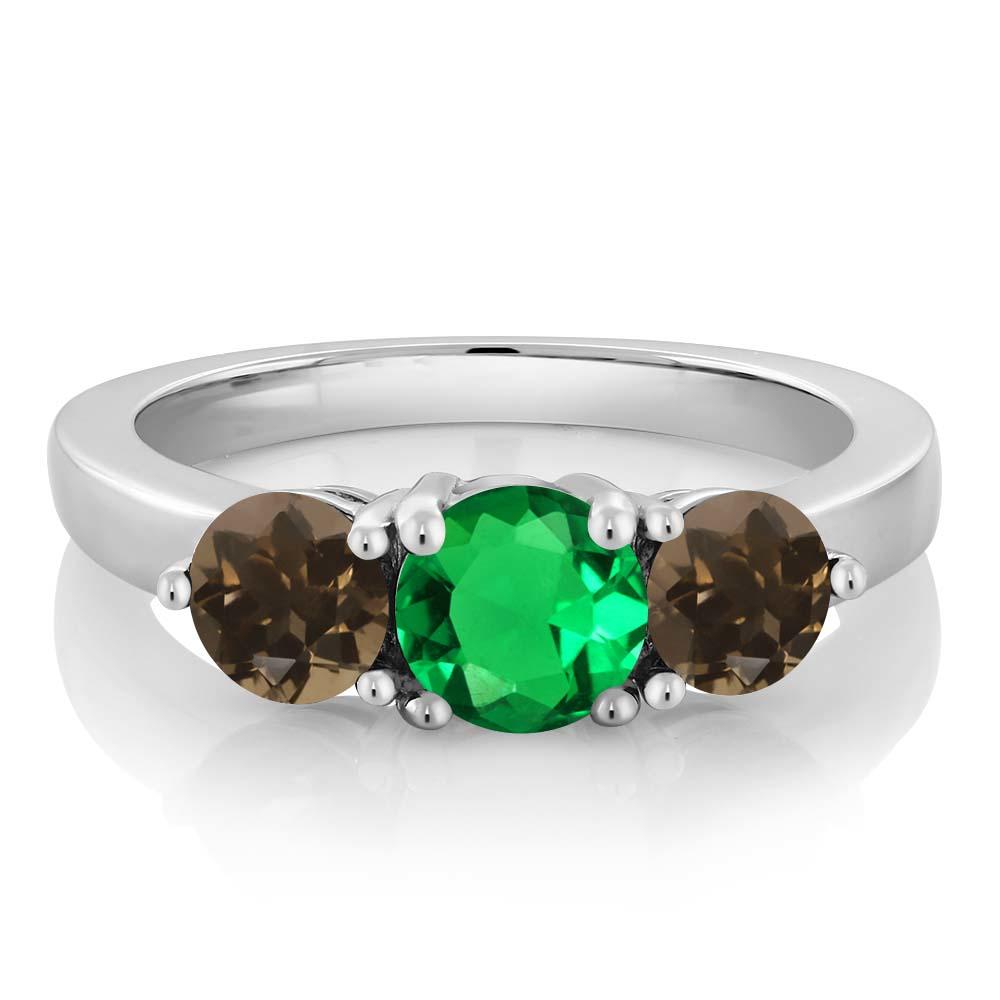 Gem Stone King 1.69 Ct Round Green Simulated Emerald Brown Smoky Quartz 925 Sterling Silver Ring