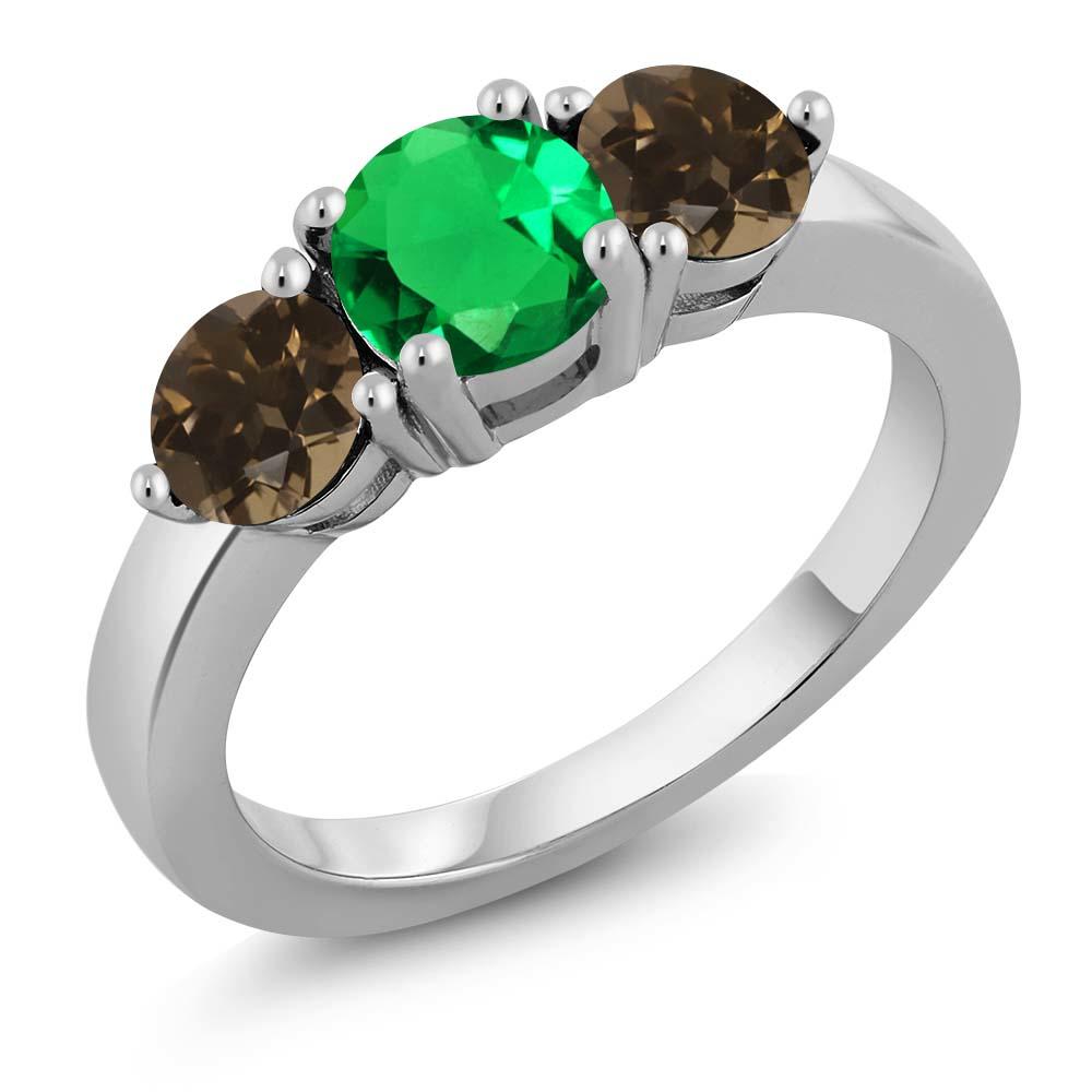 Gem Stone King 1.69 Ct Round Green Simulated Emerald Brown Smoky Quartz 925 Sterling Silver Ring