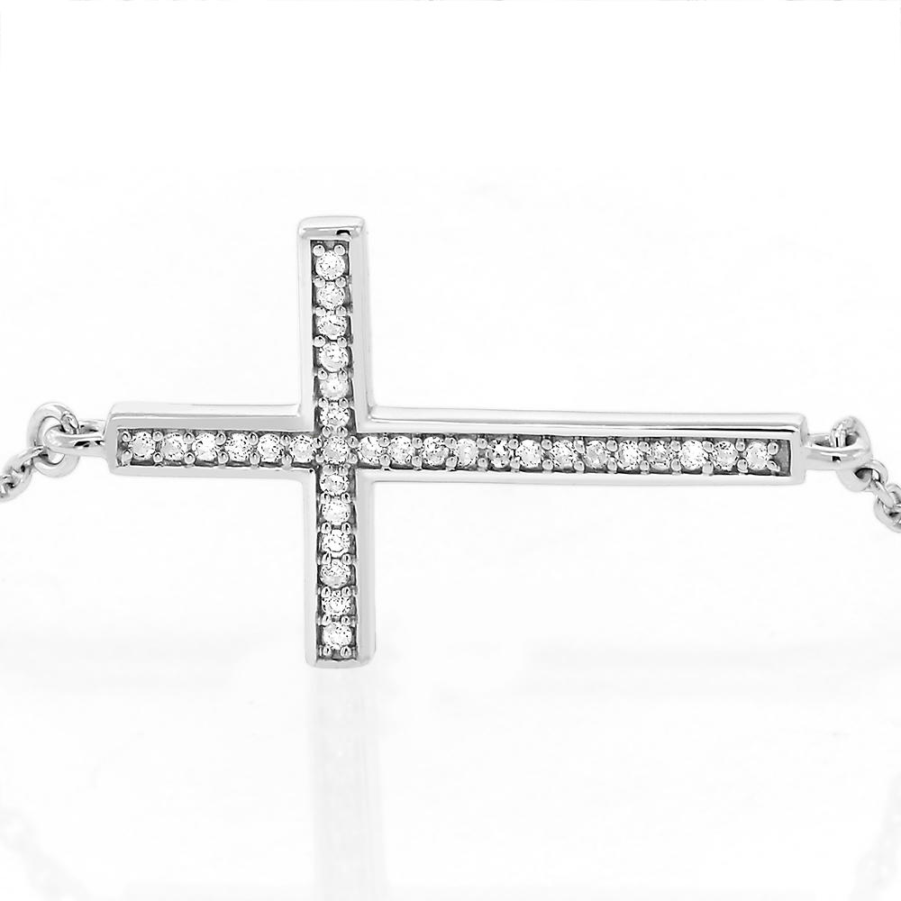 Gem Stone King Solid 10K White Gold 0.5 Inch White Diamond Cross Tennis Bracelet Fits 6.5 Inches Religious Jewelry For Women