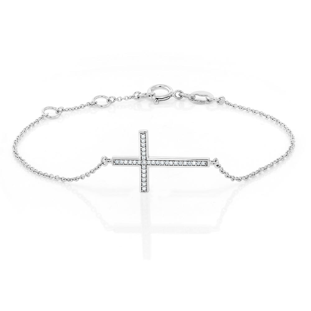 Gem Stone King Solid 10K White Gold 0.5 Inch White Diamond Cross Tennis Bracelet Fits 6.5 Inches Religious Jewelry For Women