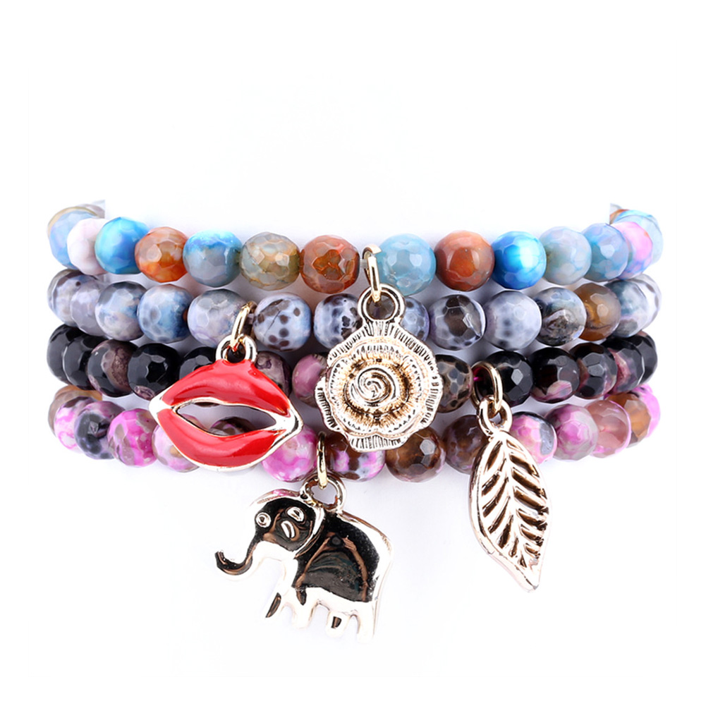 Gem Stone King 6mm Agate 7-7.5" Stretchy Adjustable Stackable Bracelet For Women with Charms Set of 4