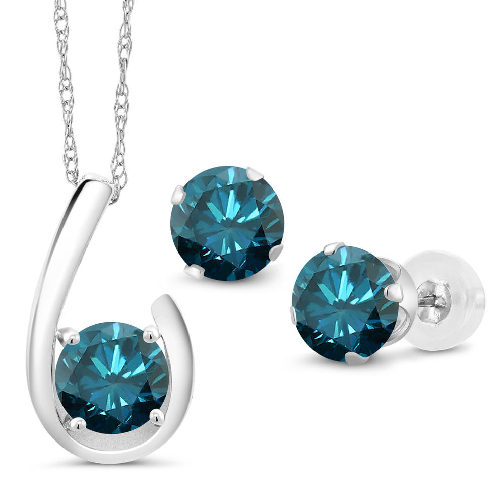 Gem Stone King 2.40 Ct Round Blue Diamond 10K White Gold Pendant and Earrings Jewelry Set With Chain