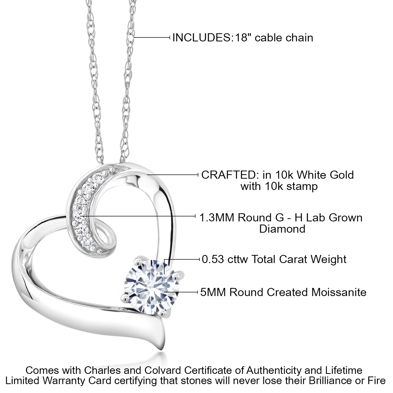 Gem Stone King 10K White Gold Heart Necklace Forever Brilliant Created Moissanite and Lab Grown Diamond
