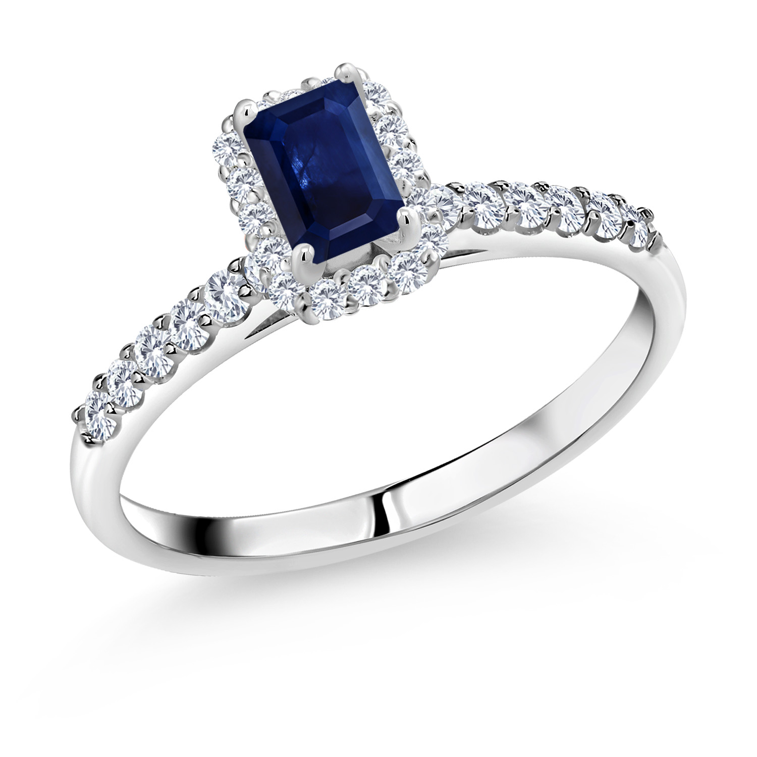 Gem Stone King 0.94 Ct Octagon Blue Sapphire 10K White Gold Lab Grown Diamond Ring