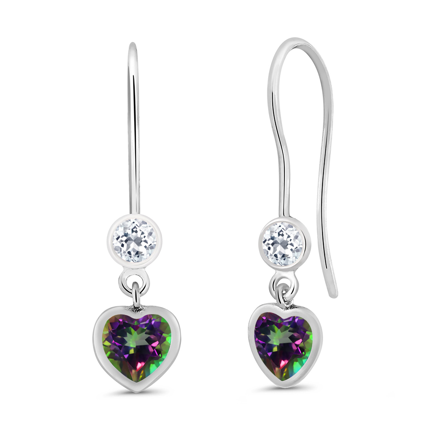 Gem Stone King 925 Sterling Silver Green Mystic Topaz and White Topaz French Wire Dangle Hook Earrings For Women (1.48 Cttw, 5MM Heart Shape)