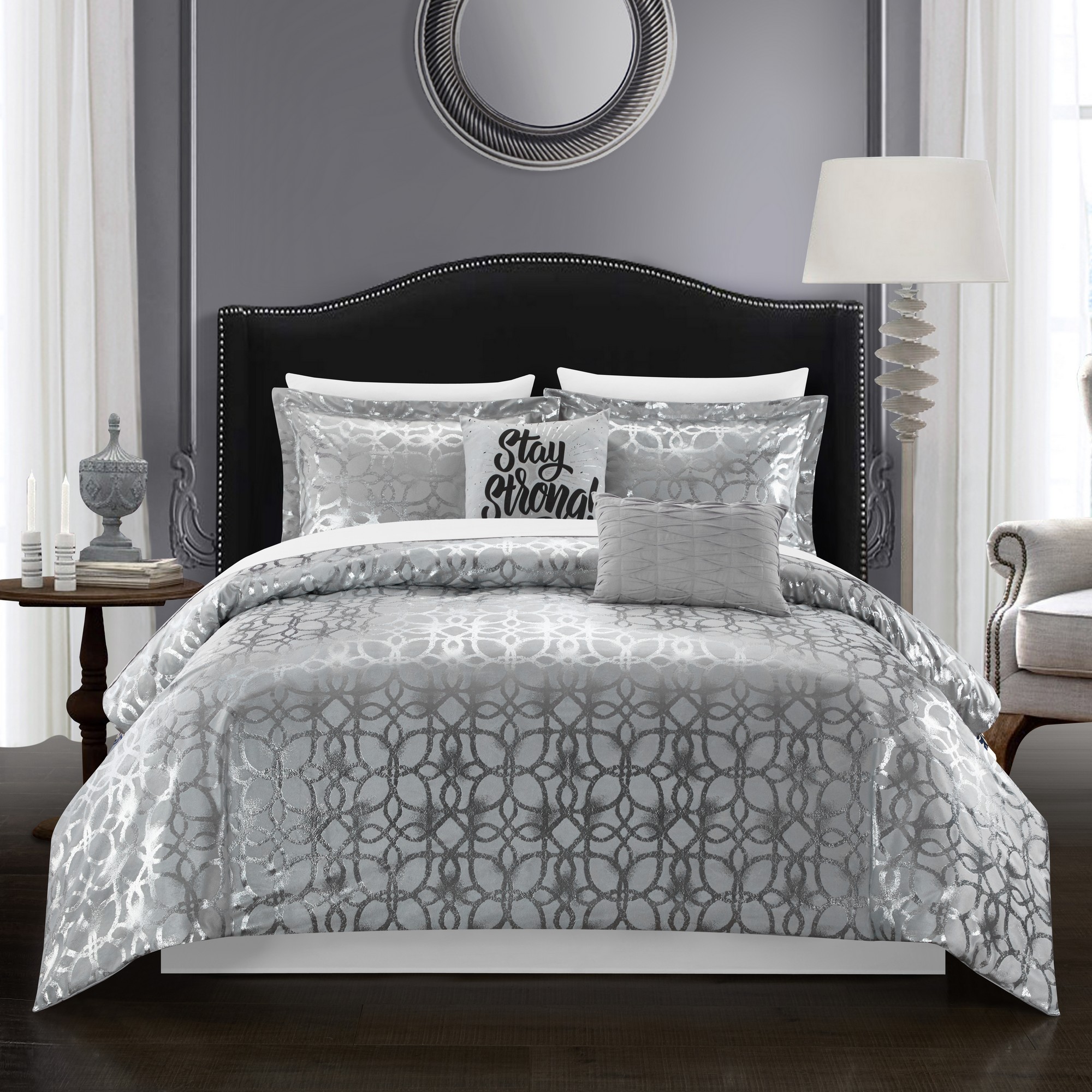 Chic Home Shefield Comforter Set Geometric Gold Tone Metallic Lattice Pattern Print Bed in a Bag -- Grey
