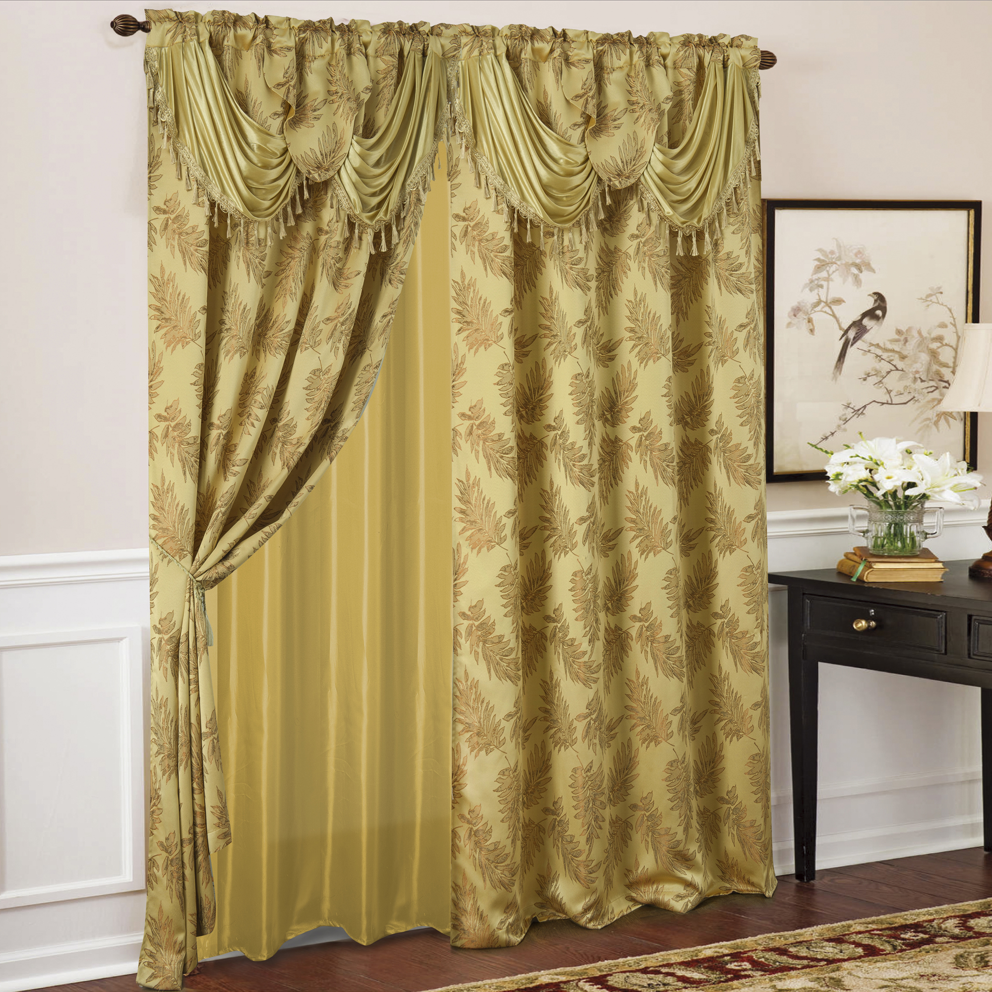 Olivia Gray Palm Floral Textured Jacquard 54 x 84 in. Single Rod Pocket Curtain Panel w/ Attached 18 in. Valance in Gold