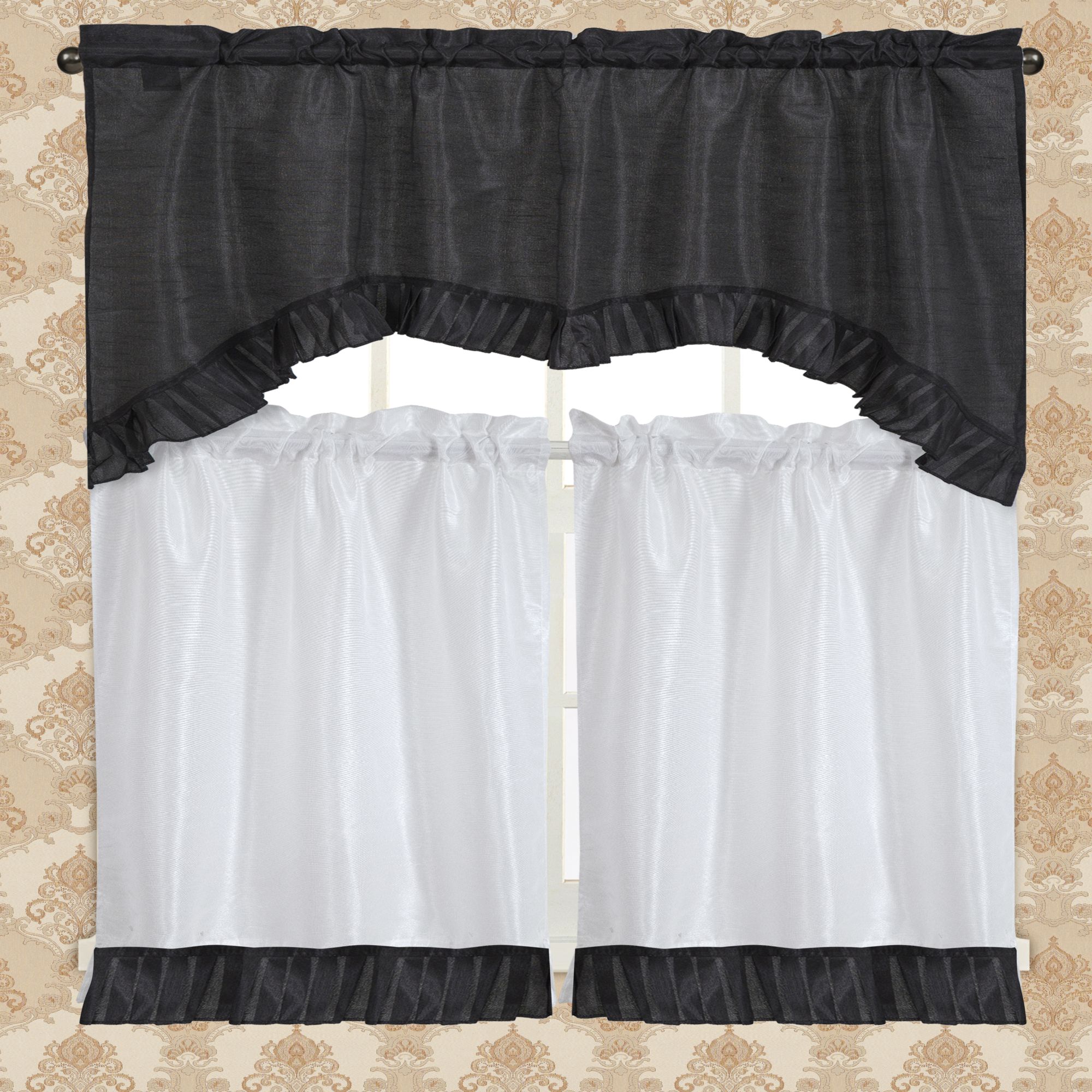 Kitchen Curtains And Swags Valances Rt Designer S Collection Bermuda Ruffle Kitchen Curtain Black White Swag Valance 55x36 Two Tiers 28x36