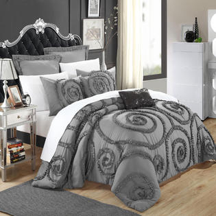 Chic Home Rosalia Grey Ruffled Applique 7 Piece Comforter Bed In A Bag Set