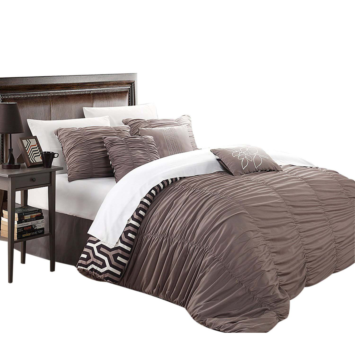 Chic Home Chic Lassie Pleated Ruffled Reversible 7 Piece Comforter Set Queen Brown