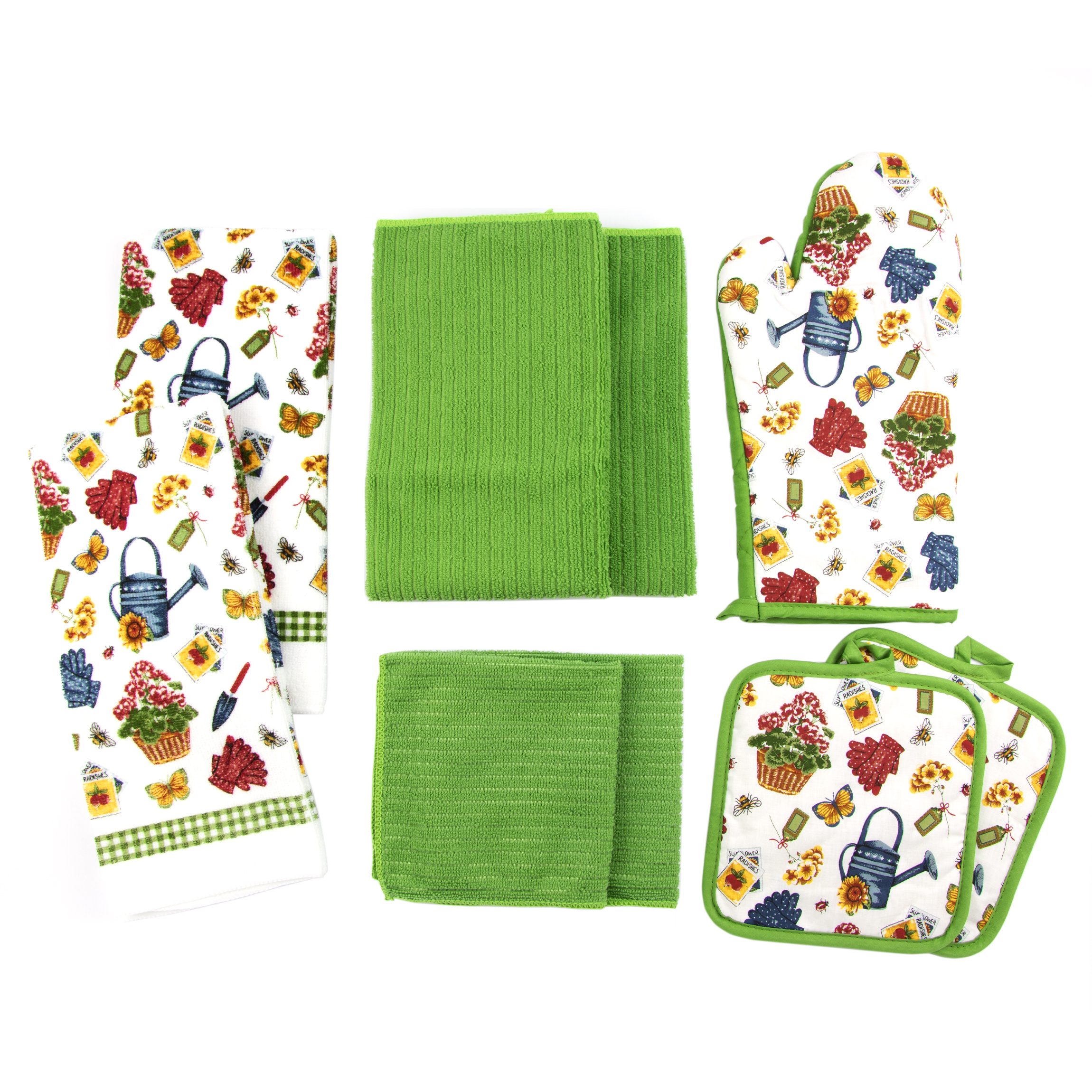 Smart Home 9 PC Garden Delight Kitchen Towel and Pot Holder Set in Green/White