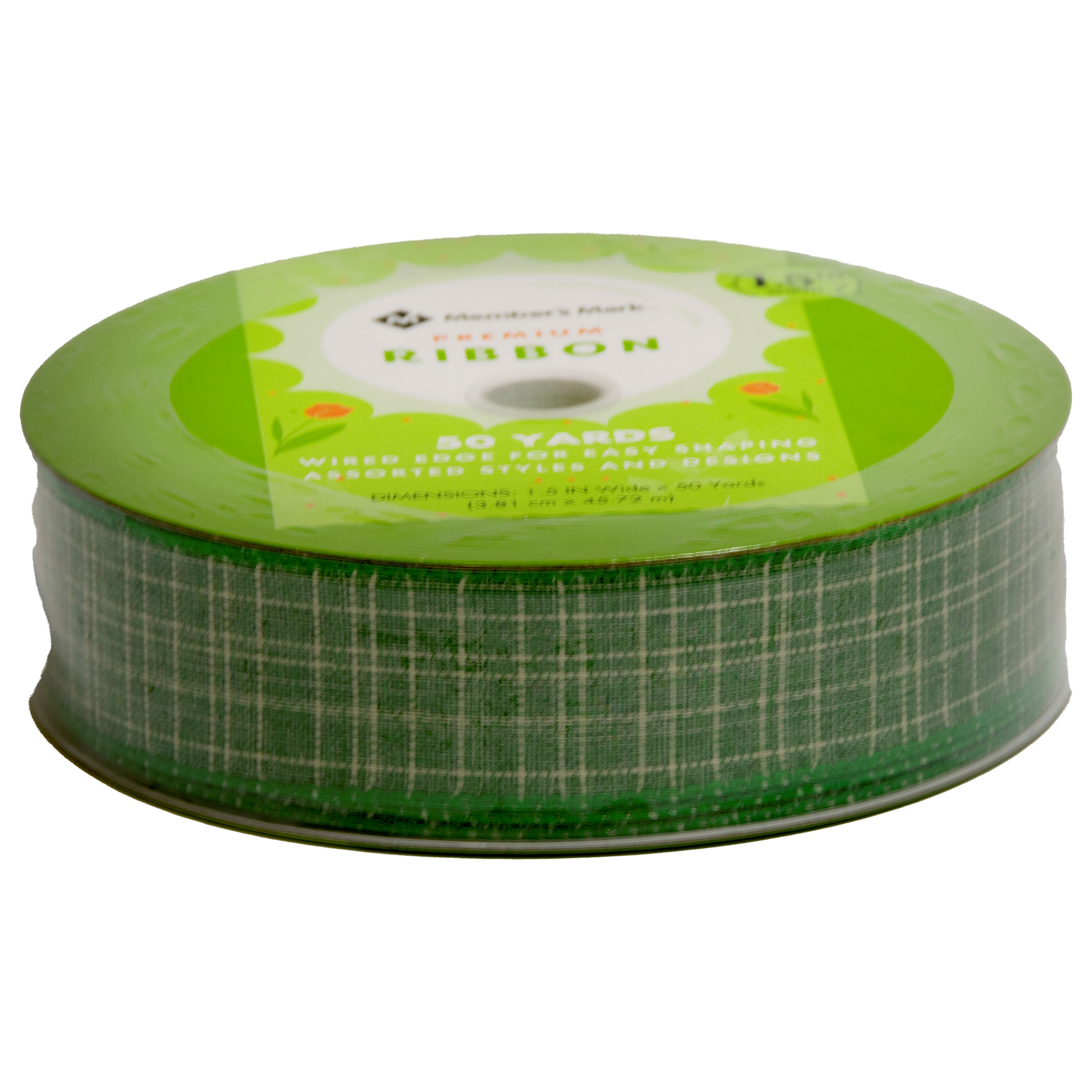 Member's Mark Premium Wired Ribbon 50 Yards 1-1/2 in Width, Green Plaid