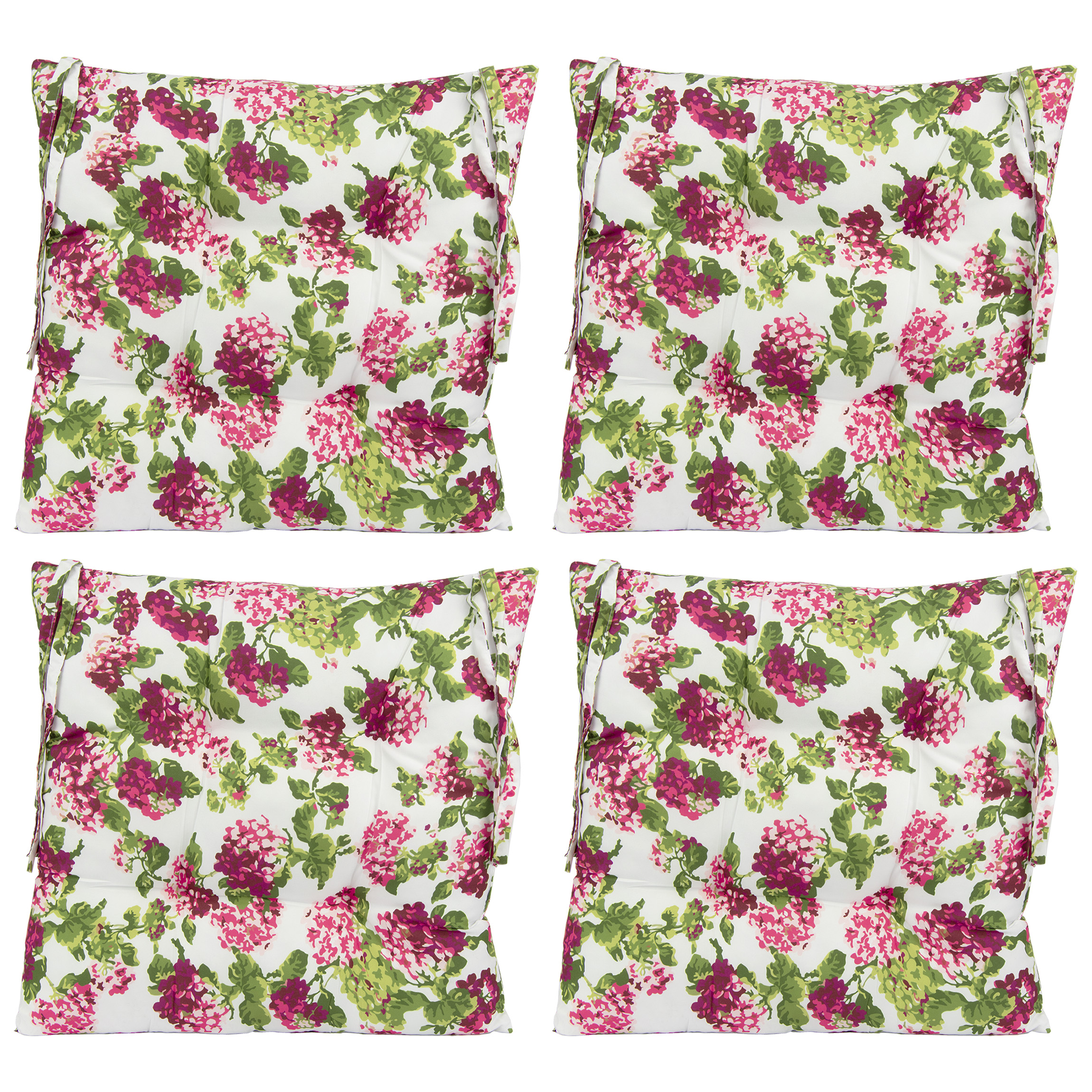 Generic Shabby Chic Pink Hydrangea Floral Chair Cushions in White/Pink/Green, 4 Pack