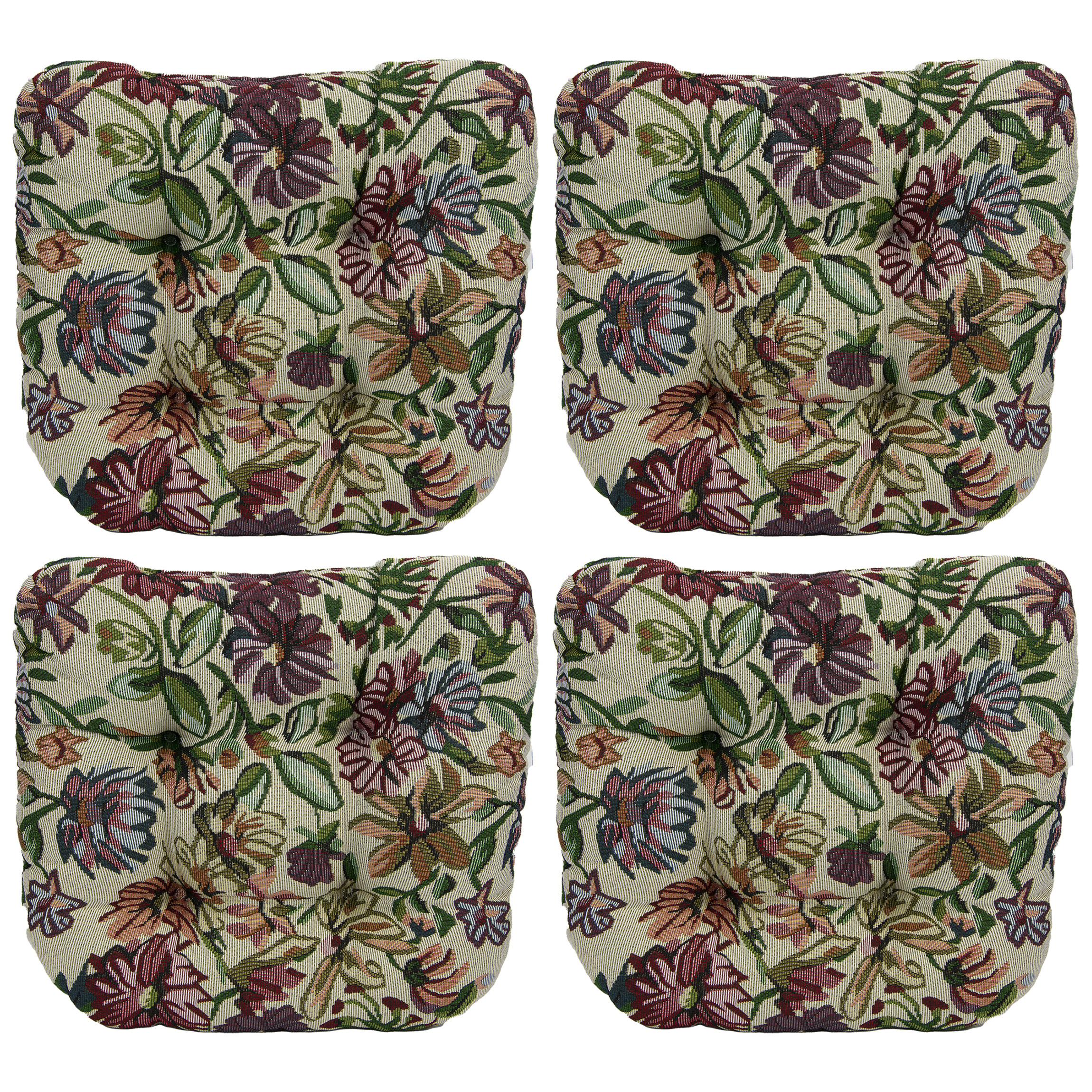 Generic Plush Floral Tapestry Anti-Slip Chair Cushions in Burgundy/Green/Cream, 4 Pack