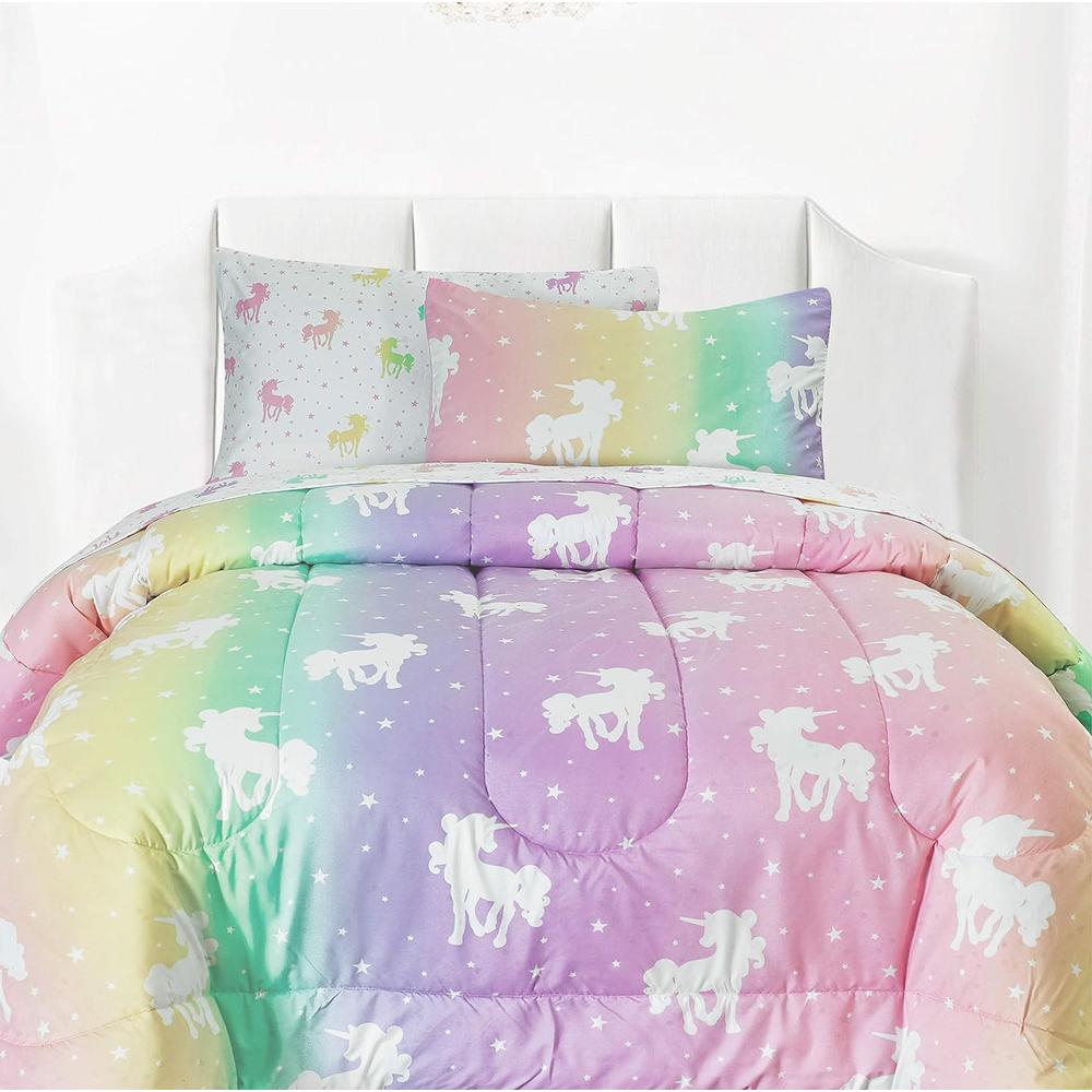 Kids Rule Girls 3-Piece Unicorn & Stars Glow in The Dark Full Size Comforter Set in Pink
