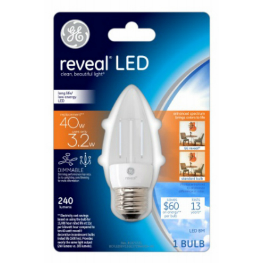 Ge Lighting GE 37296 Reveal Dimmable Candelabra Base LED Light Bulb, Clear, 3.2W