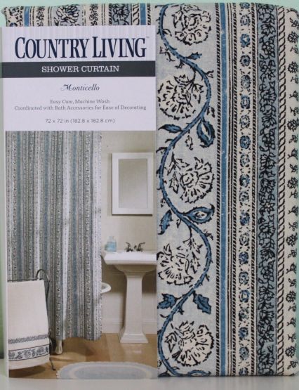 Country Living Monticello Blue Floral Stripe Fabric Shower Curtain Bath