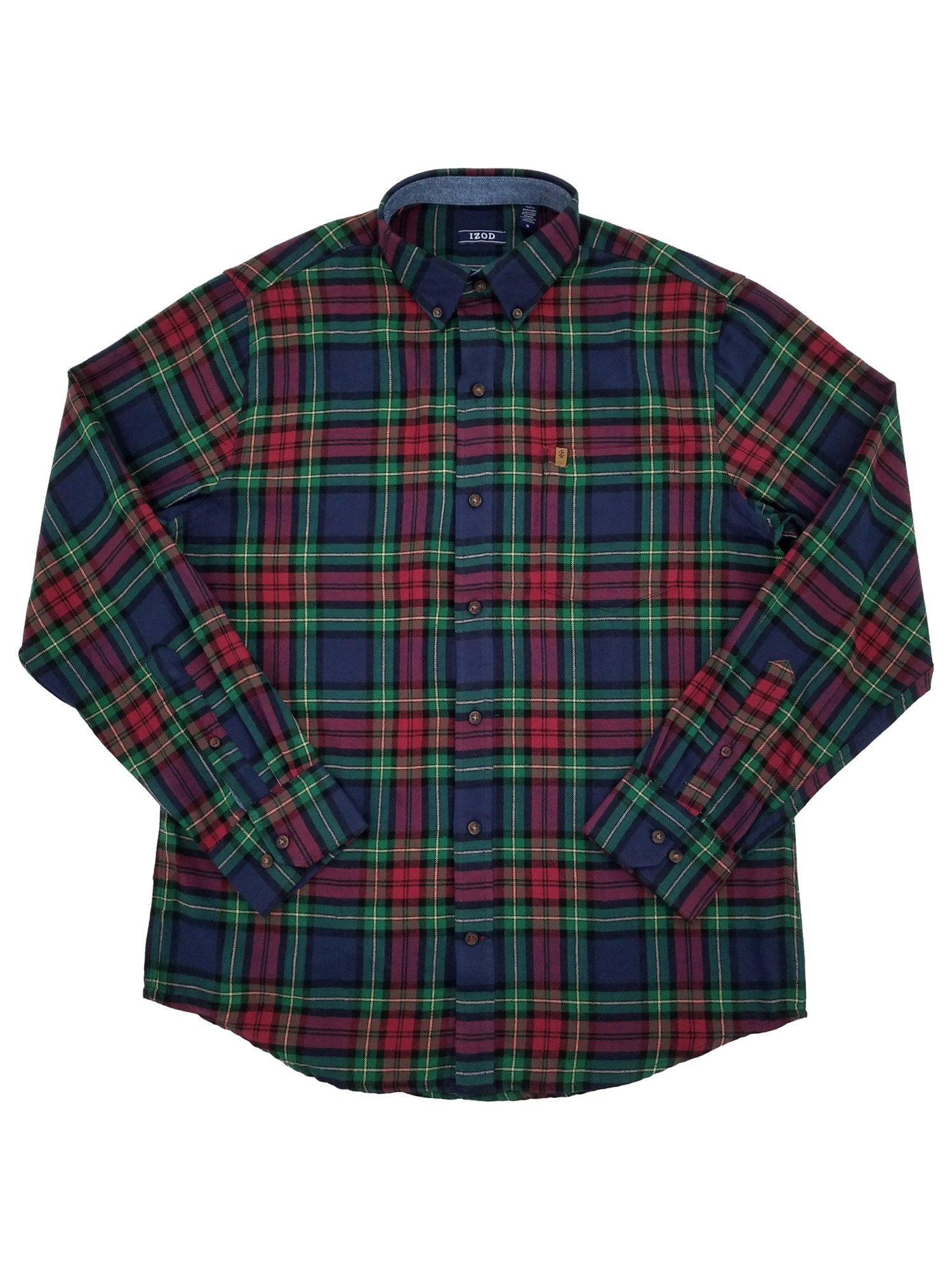 IZOD Mens Red Green & Blue Plaid Long Sleeve Button-Down Flannel Shirt