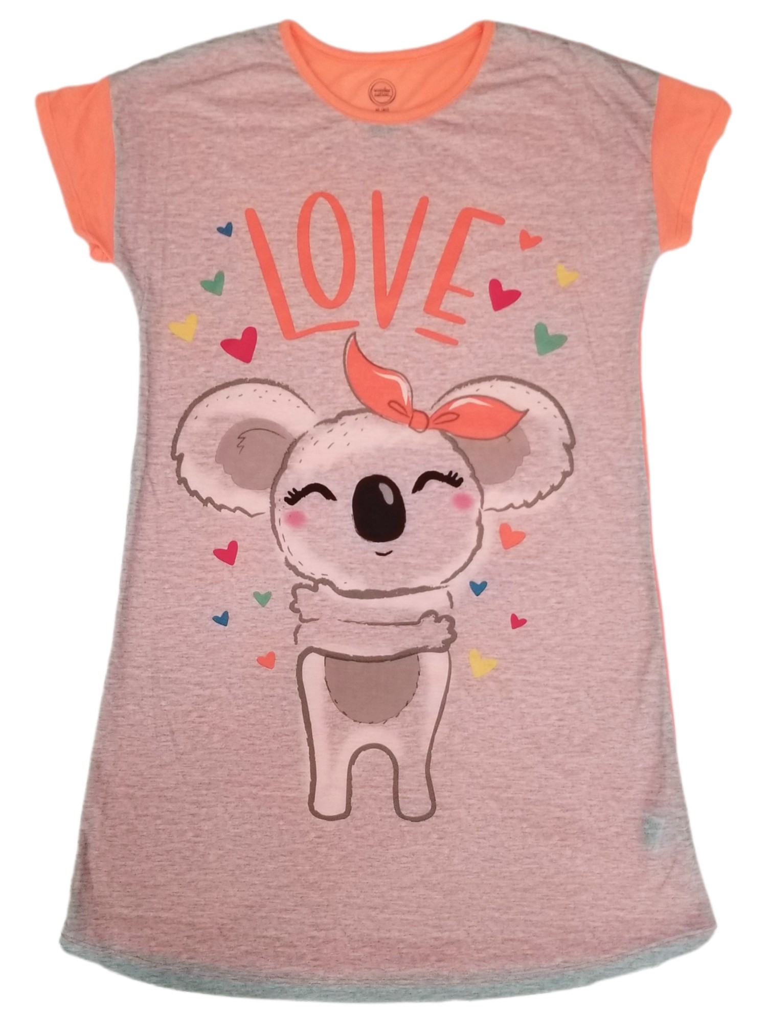 Wonder Nation Girls Neon Orange & Gray Koala Love Hearts Pajamas Sleep Shirt Nightgown