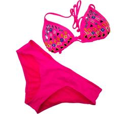 Bongo Womens Neon Hot Pink Beaded Tribal Print 2 Piece Swimming Suit Bikini Swim Set