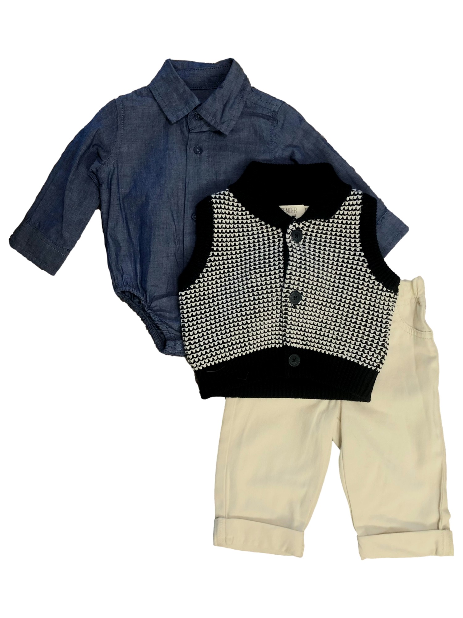 Spencer Infant Baby Boys 3 Piece Button up Bodysuit Navy Vest and Pants Outfit 0-3m