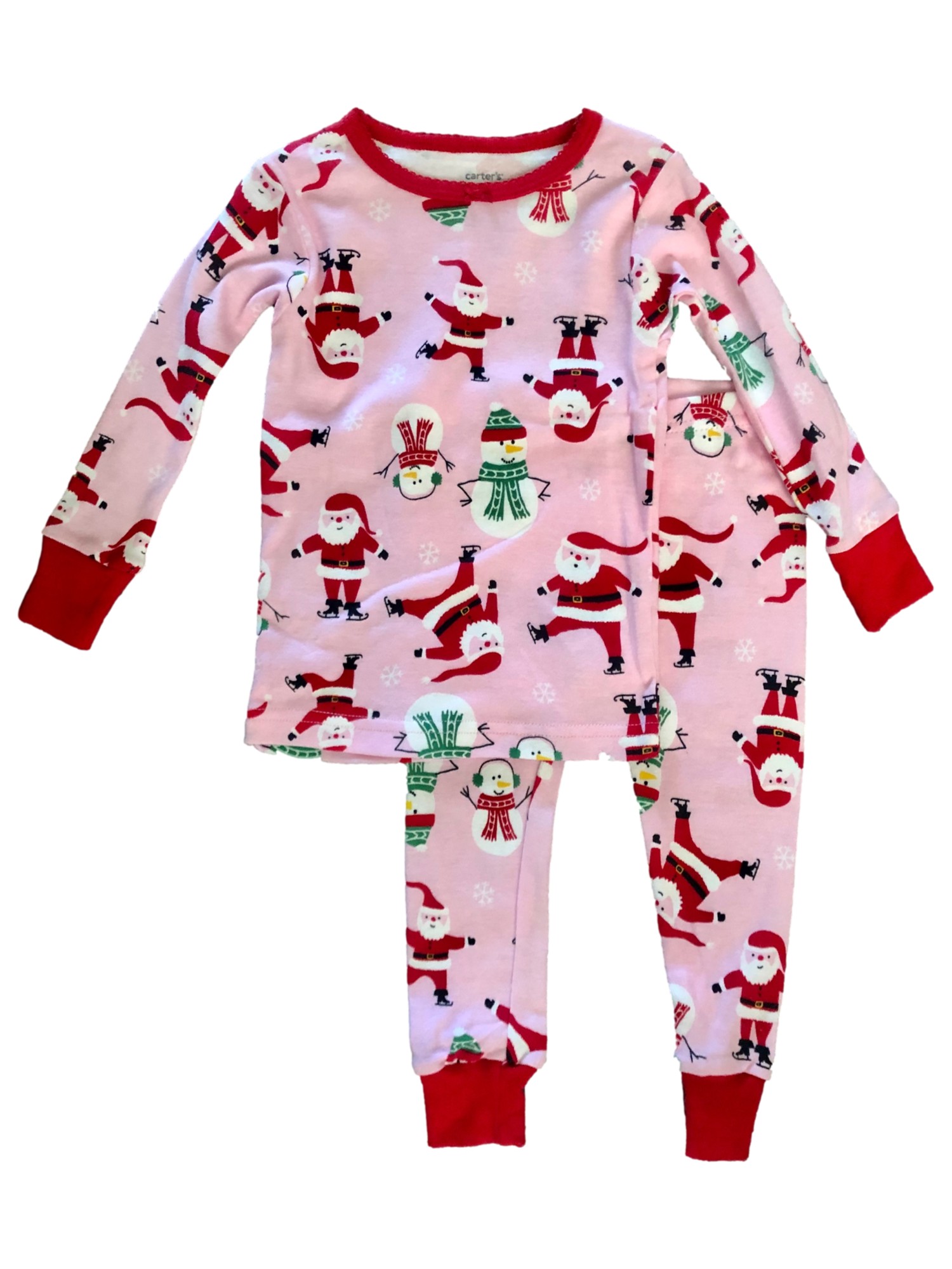 Carter's Carters Infant Girls Pink Red Ice Skating Santa & Snowman Christmas Pajamas 12m