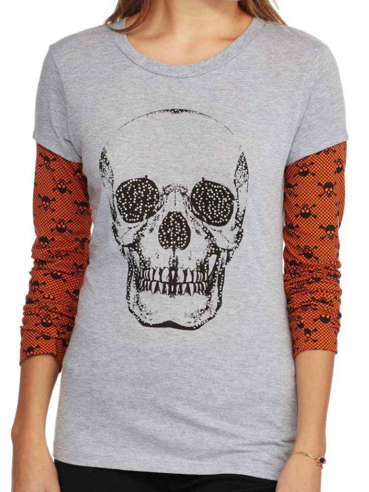 Pumpkin Junior Womens Gray & Orange Long Sleeve Skull Theme Halloween Tee Shirt