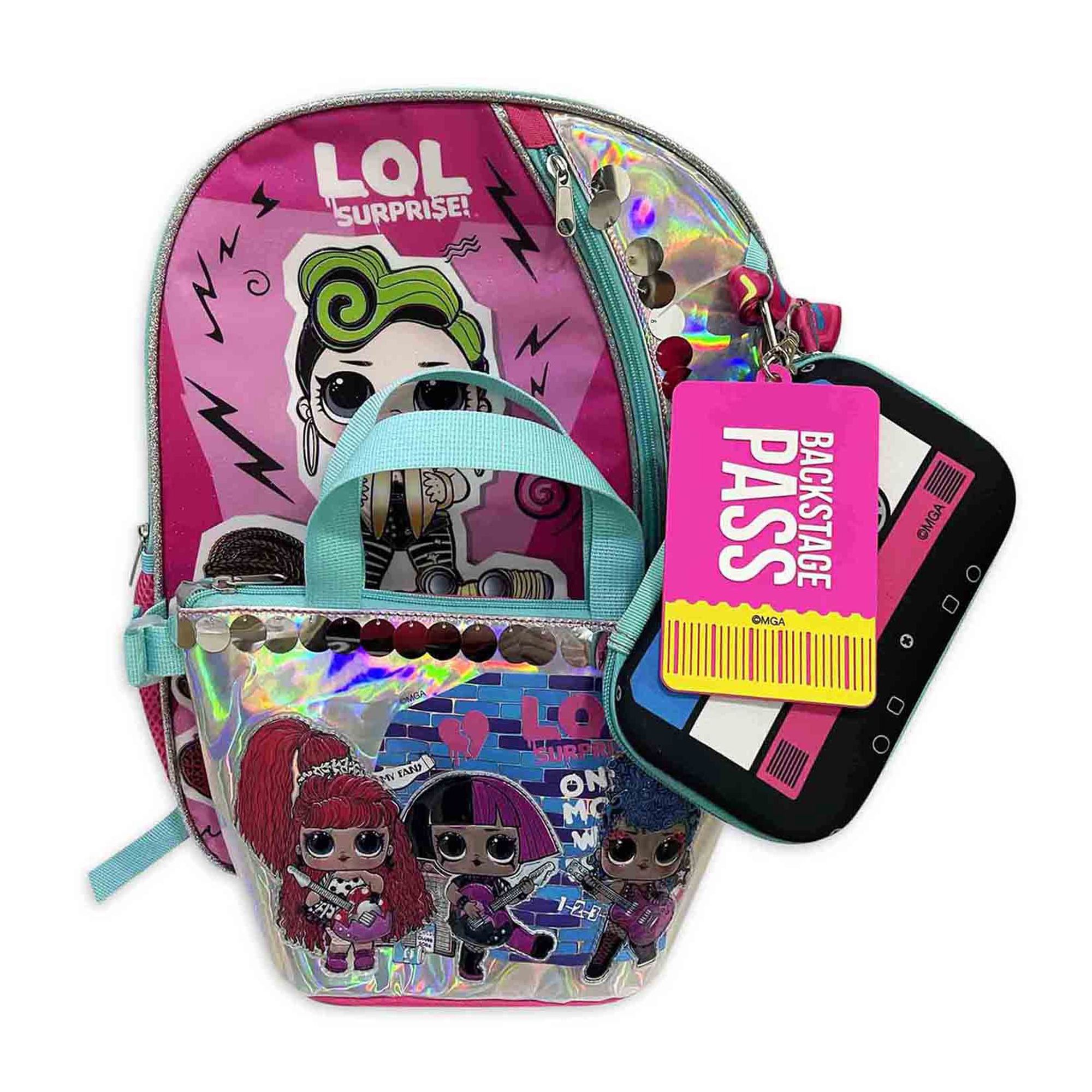 MGA Entertainment L.O.L Surprise! Girls Pink Backpack & Lunch Bag 4-Piece Set, LOL School Bookbag