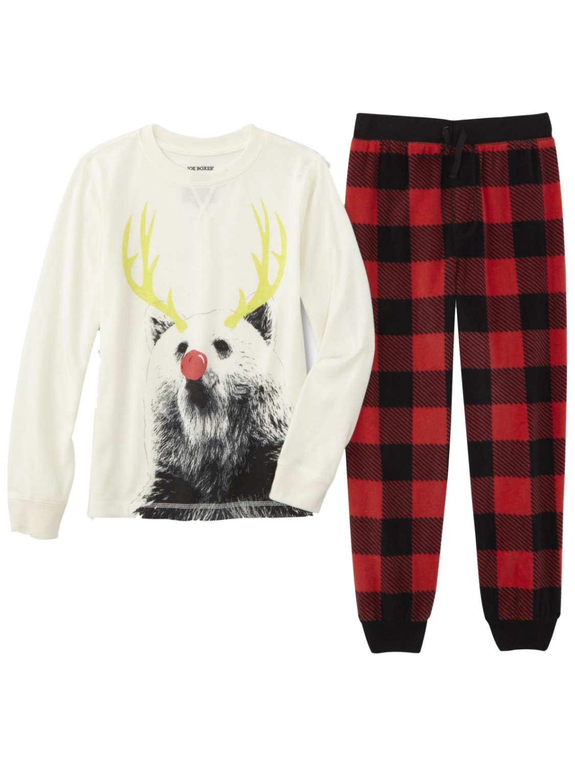 Joe Boxer Boys Red Plaid Reindeer Pajamas Christmas Sleep Set T-Shirt & Fleece Pant