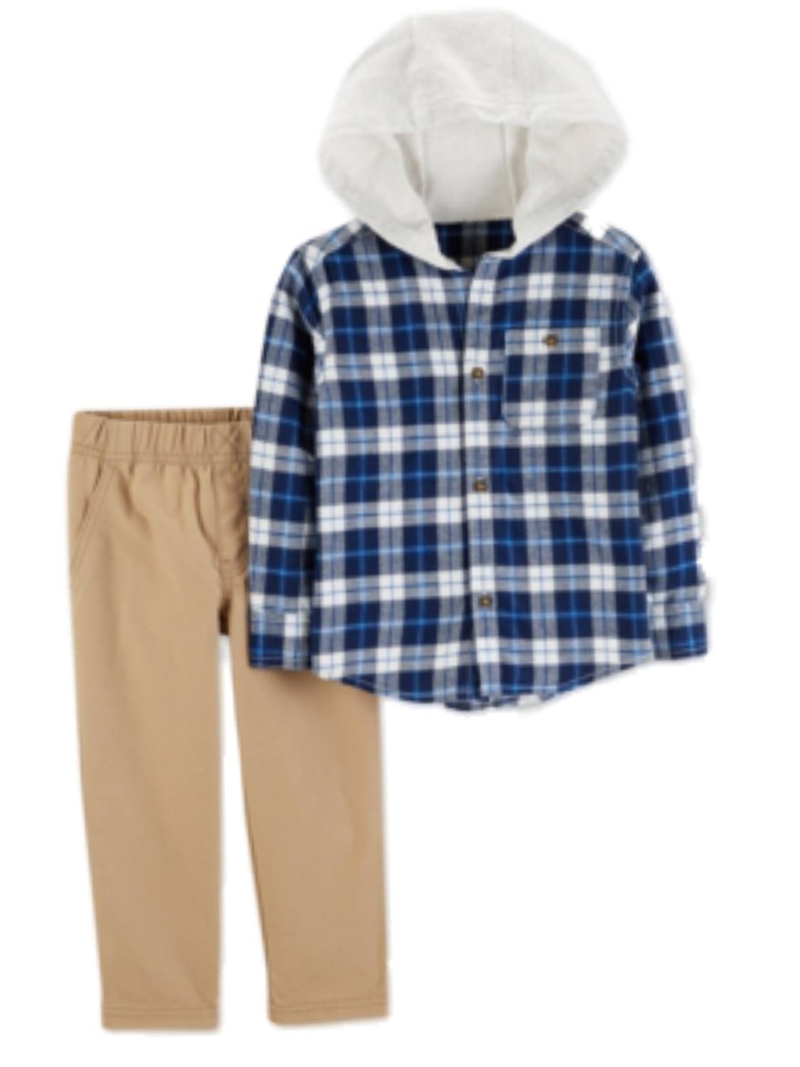 Carter's Carters Infant Boys Long Sleeve Hooded Outfit Khakis & Blue Plaid Hood Shirt