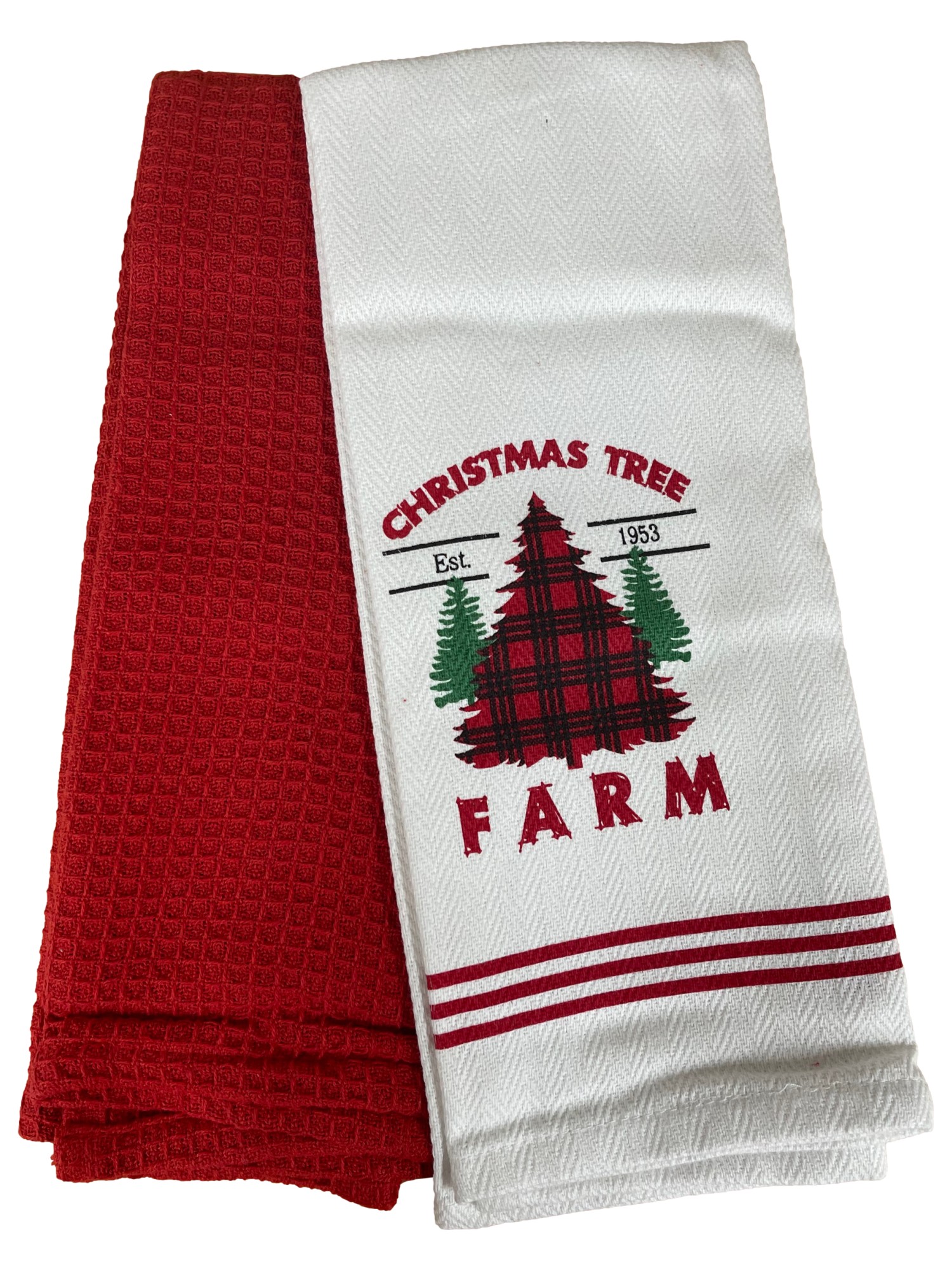 Christmas Tree Farm Red Plaid Holiday Kitchen Towel Set, 2 Cotton Dish Towels