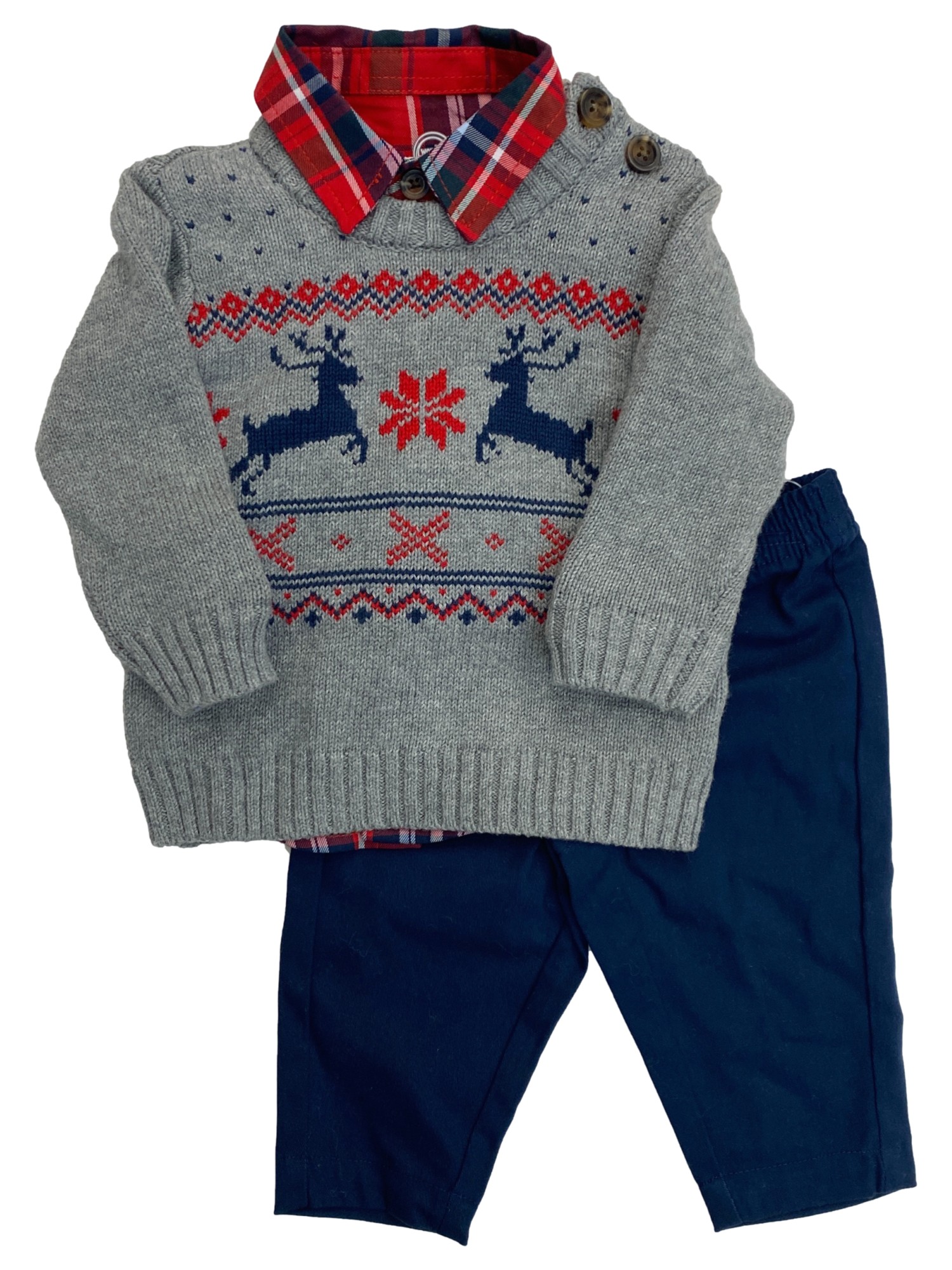 Wonder Nation Infant Boys Dress Up Suit Pants Plaid Shirt Gray Reindeer Sweater Outfit 0-3m