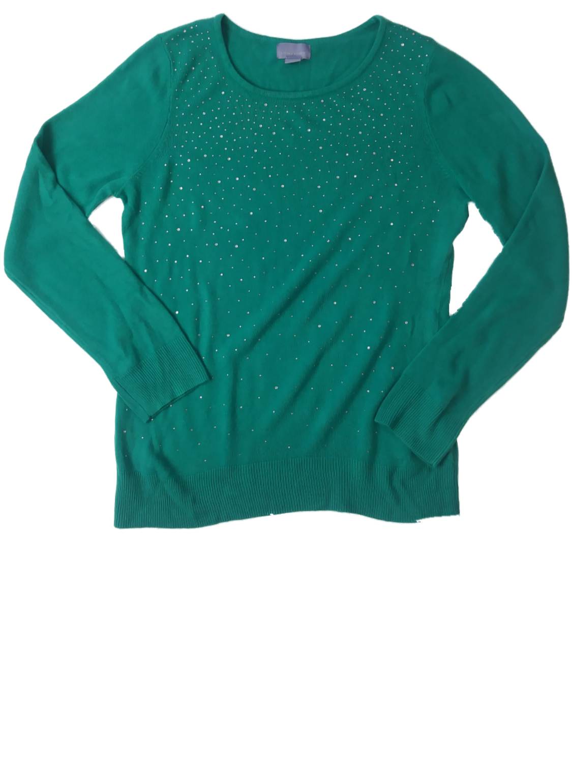 Laura Scott Womens Teal Green Knit Bedazzled Sweater Casual Dress Holiday Pullover