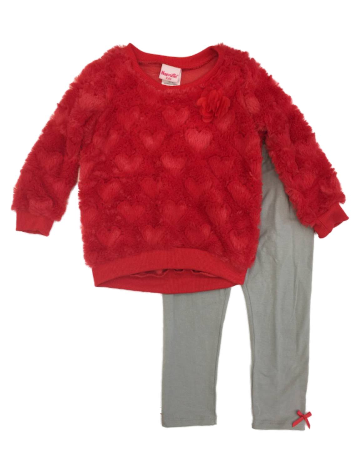 Nannette Toddler Girls Red Fuzzy Heart Sweater Shirt & Sparkly Gray Legging Outfit