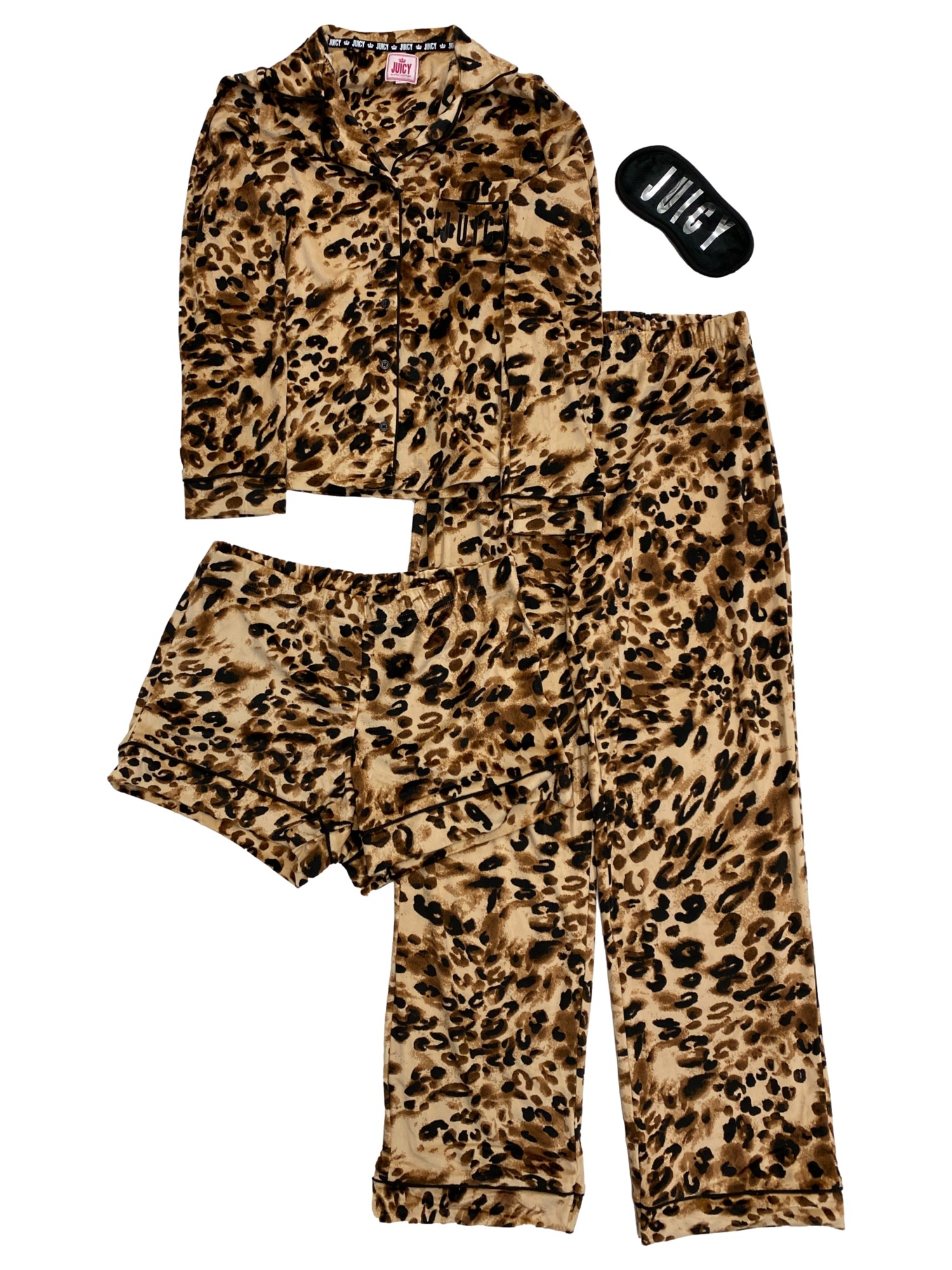 Juicy Couture Womens Plush Leopard Pajamas Shorts Pants Top Sleep mask Set