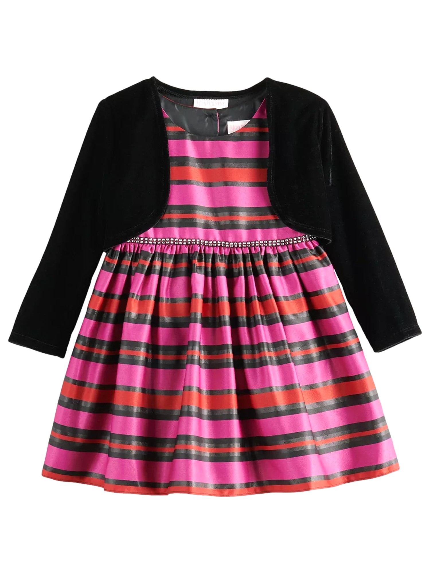 Youngland Toddler Girls Pink Black Red Striped Satin Tank Party Dress & Shrug