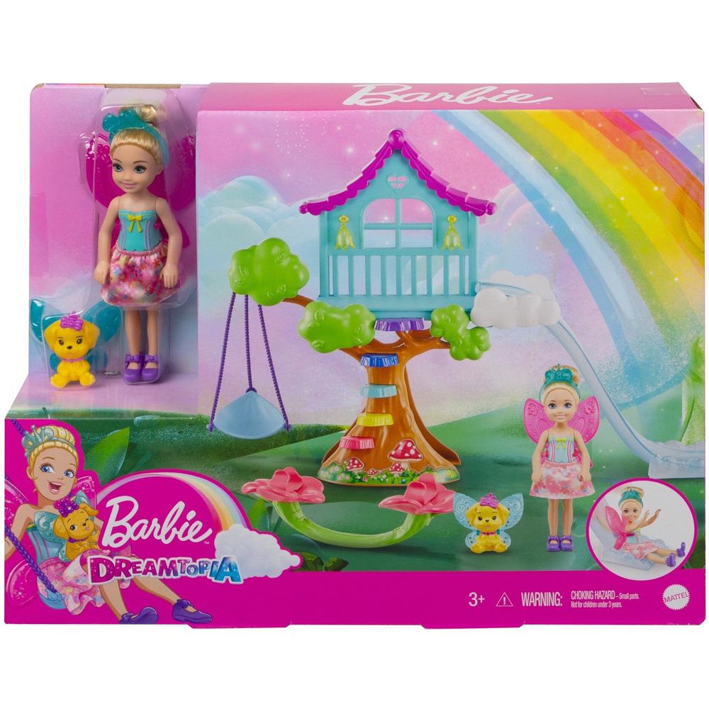 Barbie Dreamtopia Chelsea Fairy Doll Treehouse Playset with Seesaw, Swing, Slide