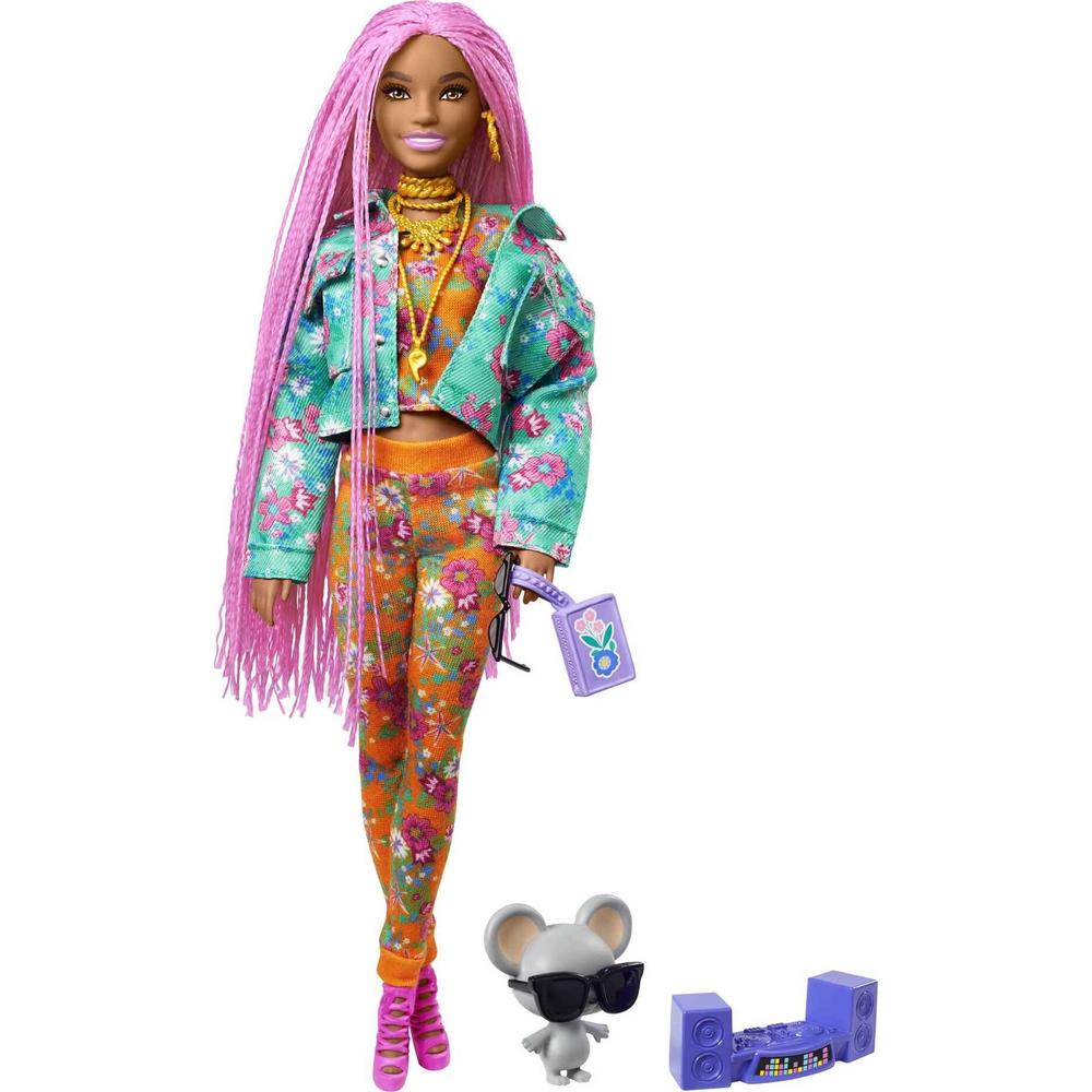 Barbie Extra Doll #10 Floral Print Jacket with Pet DJ Mouse, Pink Hair