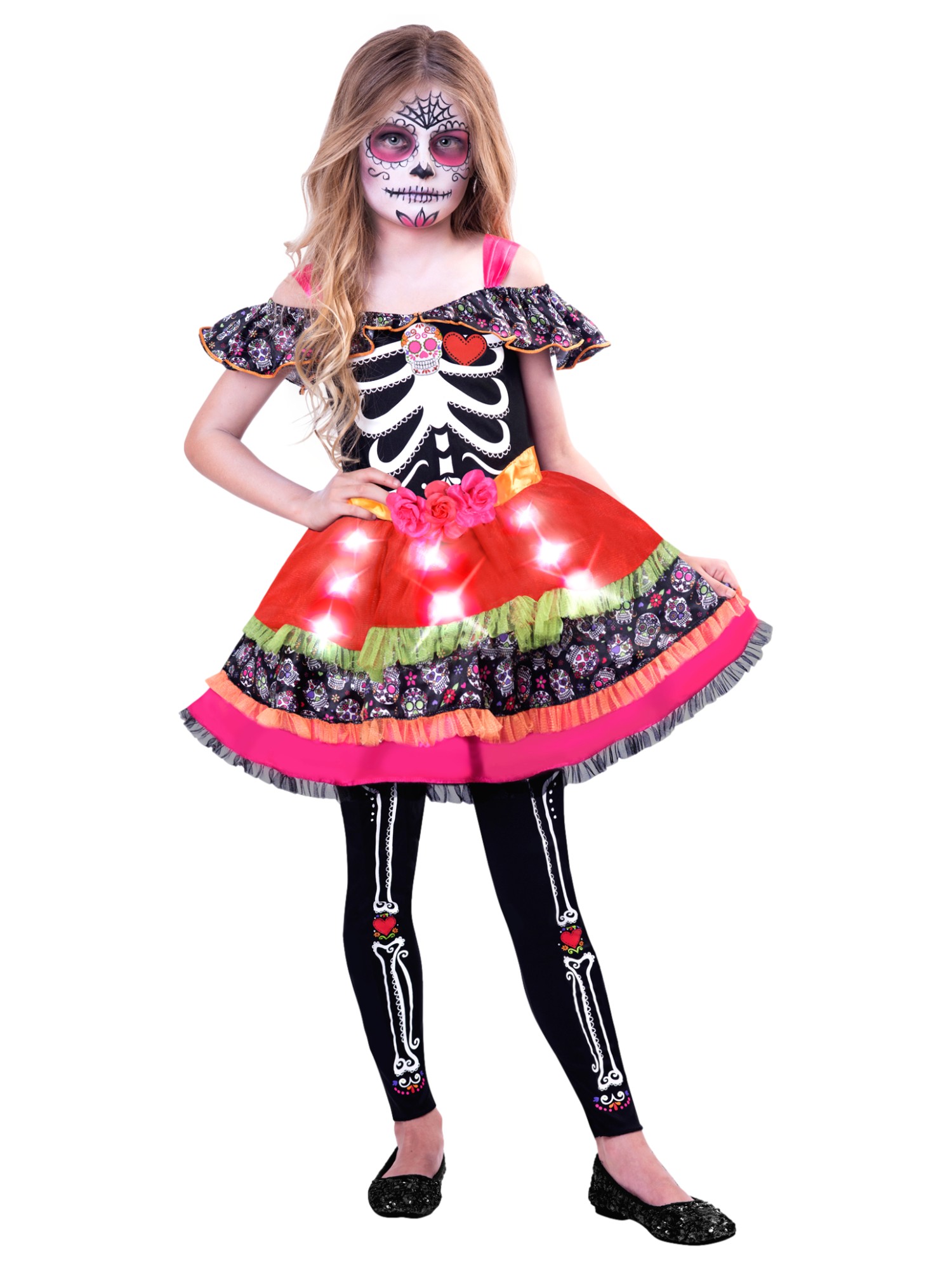 Goodmark Sugar Skull Sweetie Light Up Dress Day of Dead Costume Medium (8-10)