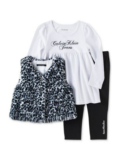 Calvin Klein Toddler Girls 3pc Outfit Leggings Shirt & Leopard Print Vest Set 4T