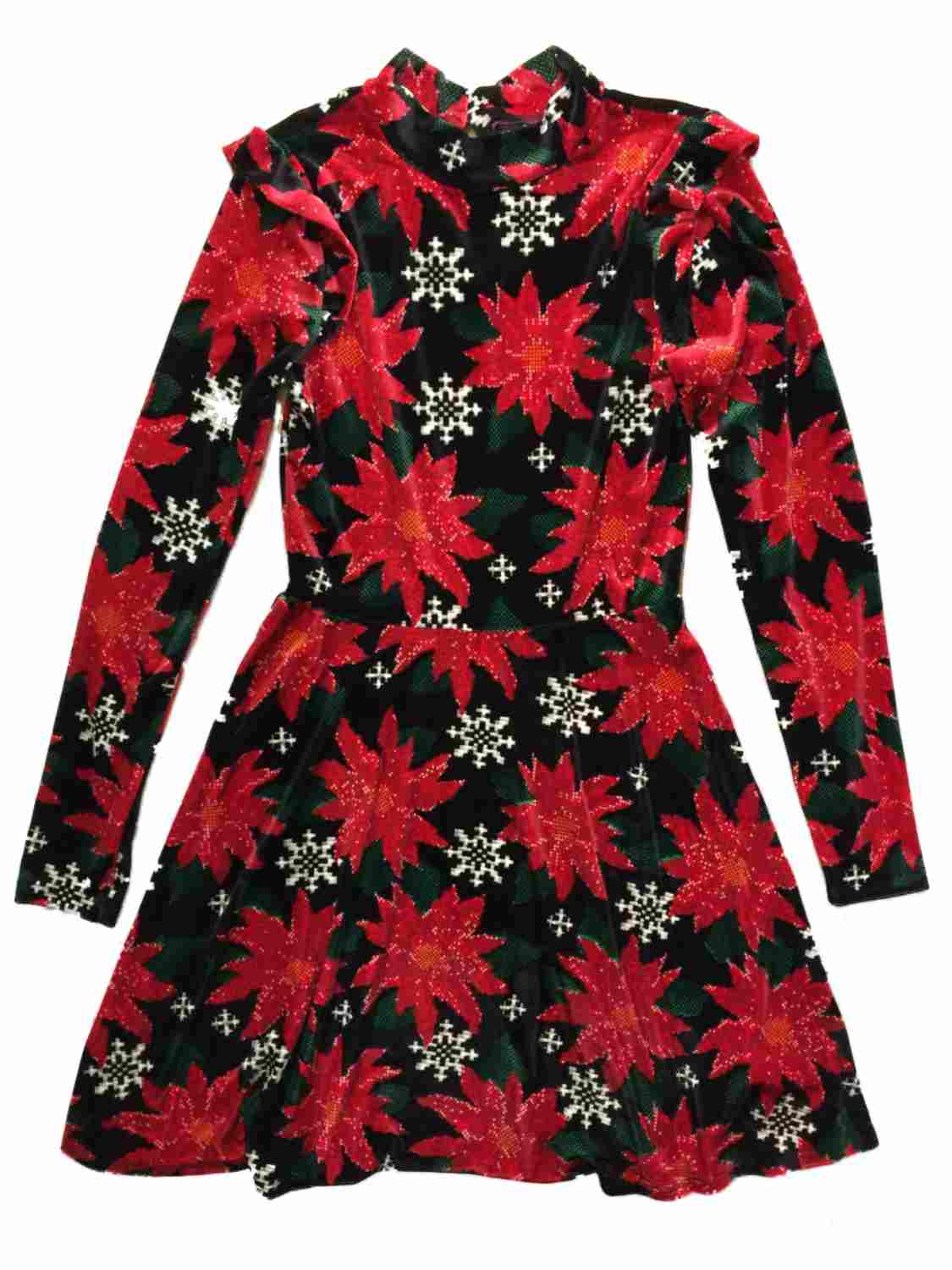 Xhilaration Junior Womens Black & Red Poinsettia Holiday Dress Ugly  Christmas Flower
