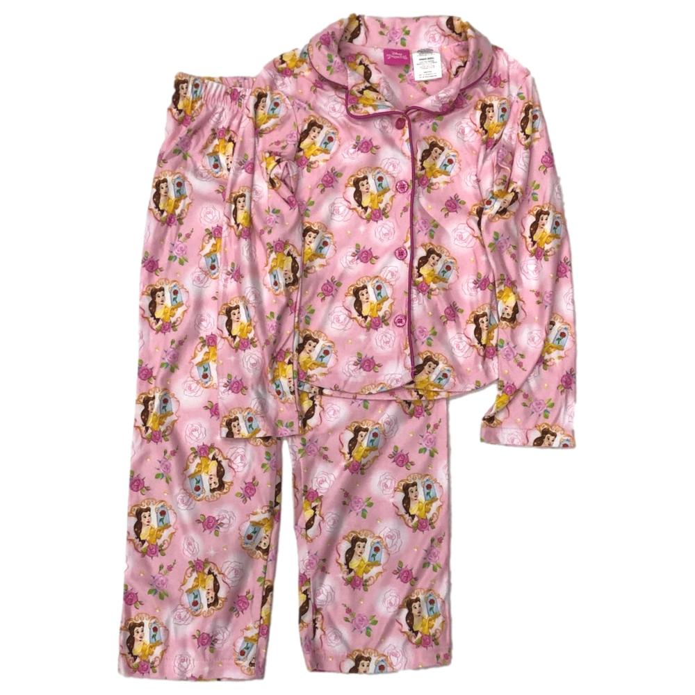 Disney Beauty & The Beast Girls Pink Flannel Princess Belle Pajamas Sleep Set