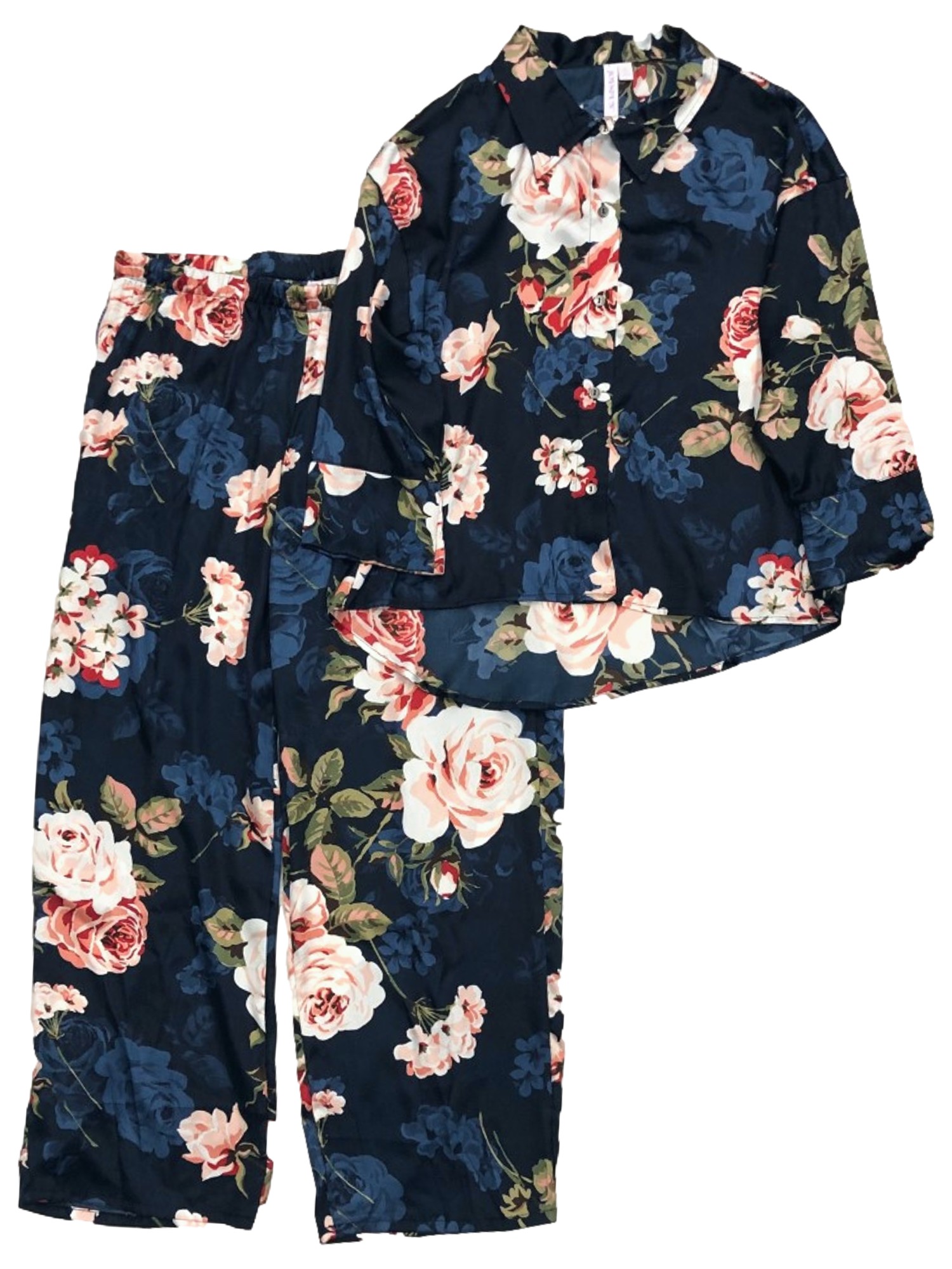 Joy Spun Womens Silky Blue & Pink Floral Rose Print Button Front Pajamas Sleep Set
