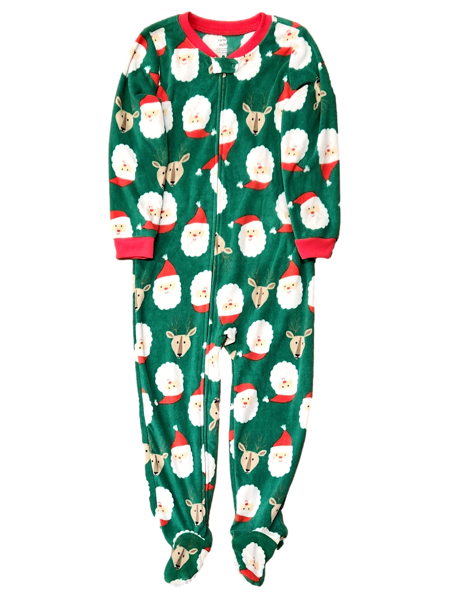 Carter's Toddler Boys Green Christmas Santa & Reindeer Footie Fleece Sleeper Pajamas 5T