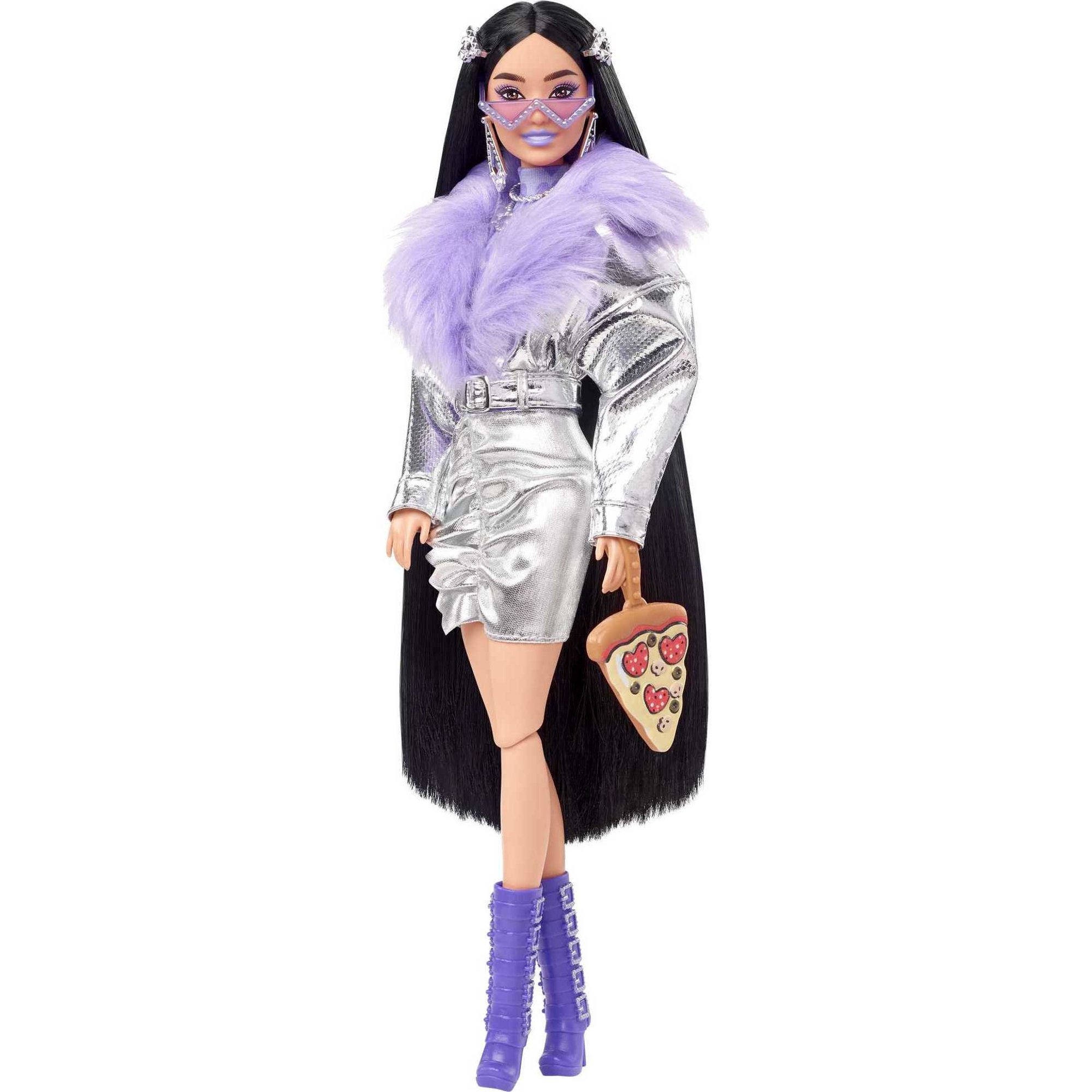 Barbie Extra Fashion Doll with Black Hair, Metallic Silver Jacket & Pet Dog #15