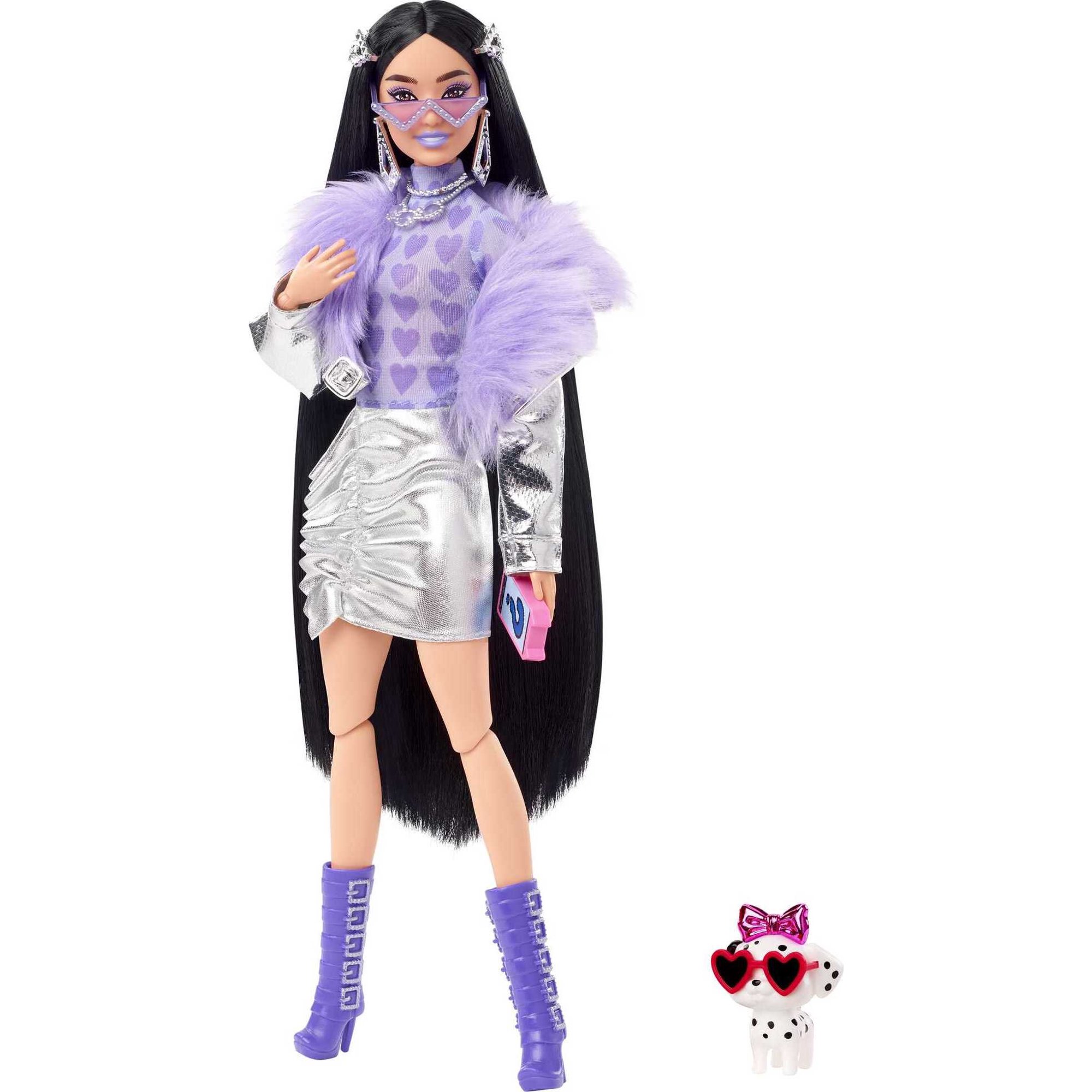 Barbie Extra Fashion Doll with Black Hair, Metallic Silver Jacket & Pet Dog #15