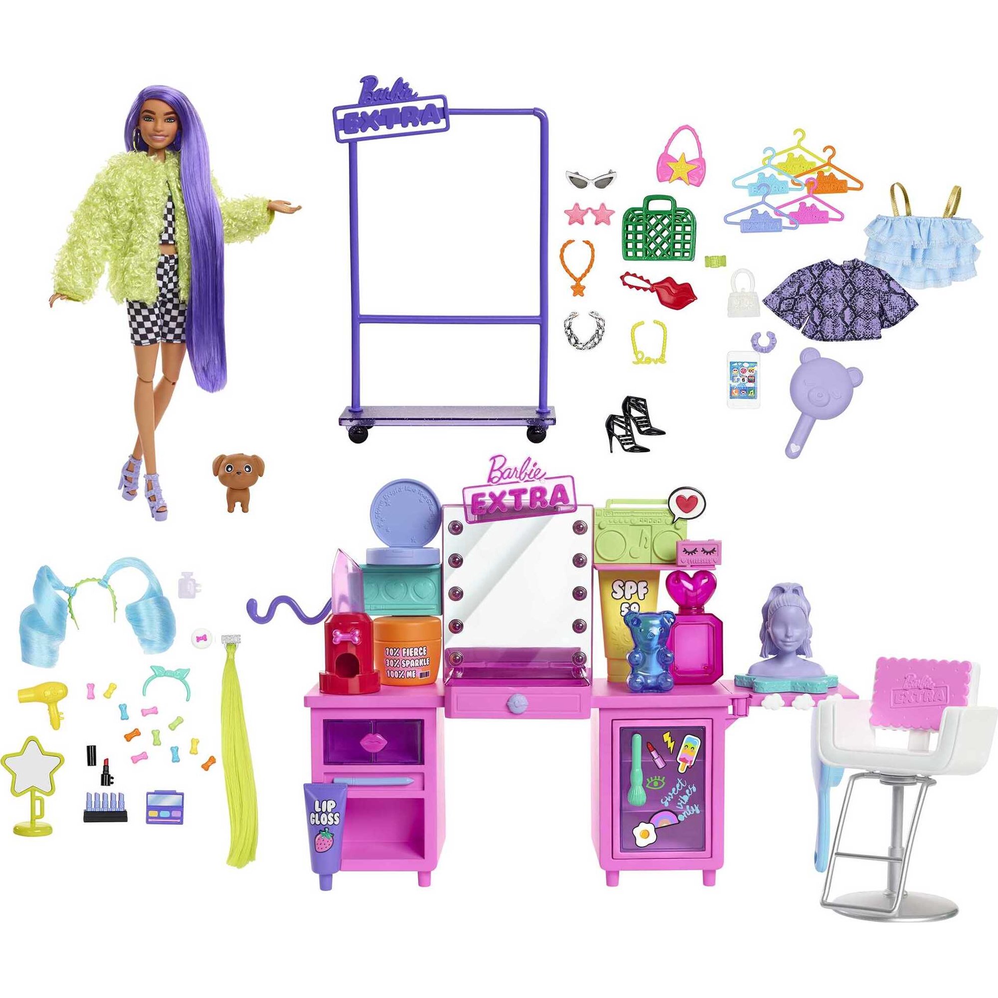 Barbie Extra Doll & Vanity Playset with Doll, Pet Puppy, Vanity & 45+ Pieces